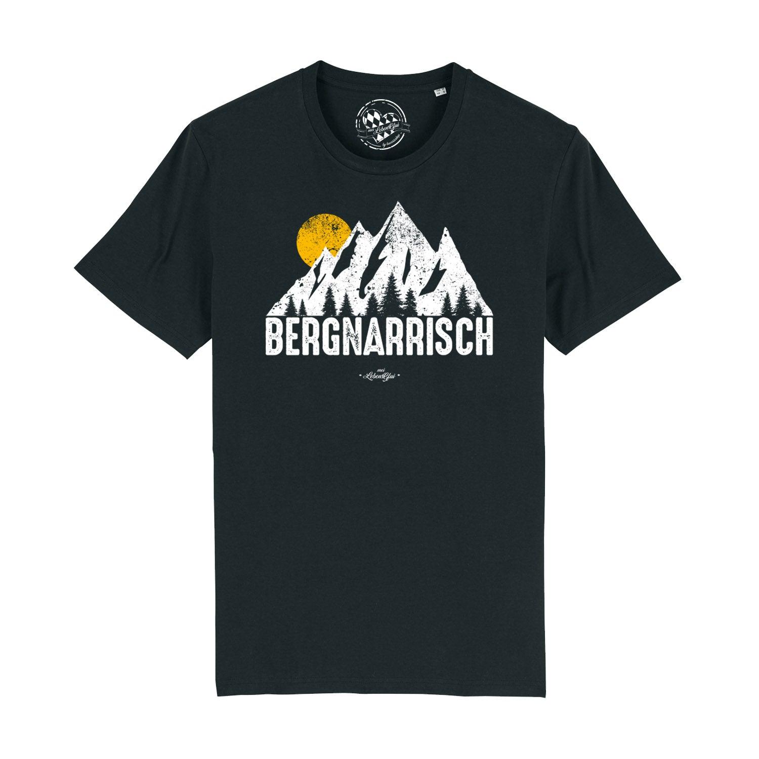 Schwarzes Herren-T-Shirt mit weißem Aufdruck „Bergnarrisch“, Rundhalsausschnitt, aus 100 % Bio-Baumwolle.