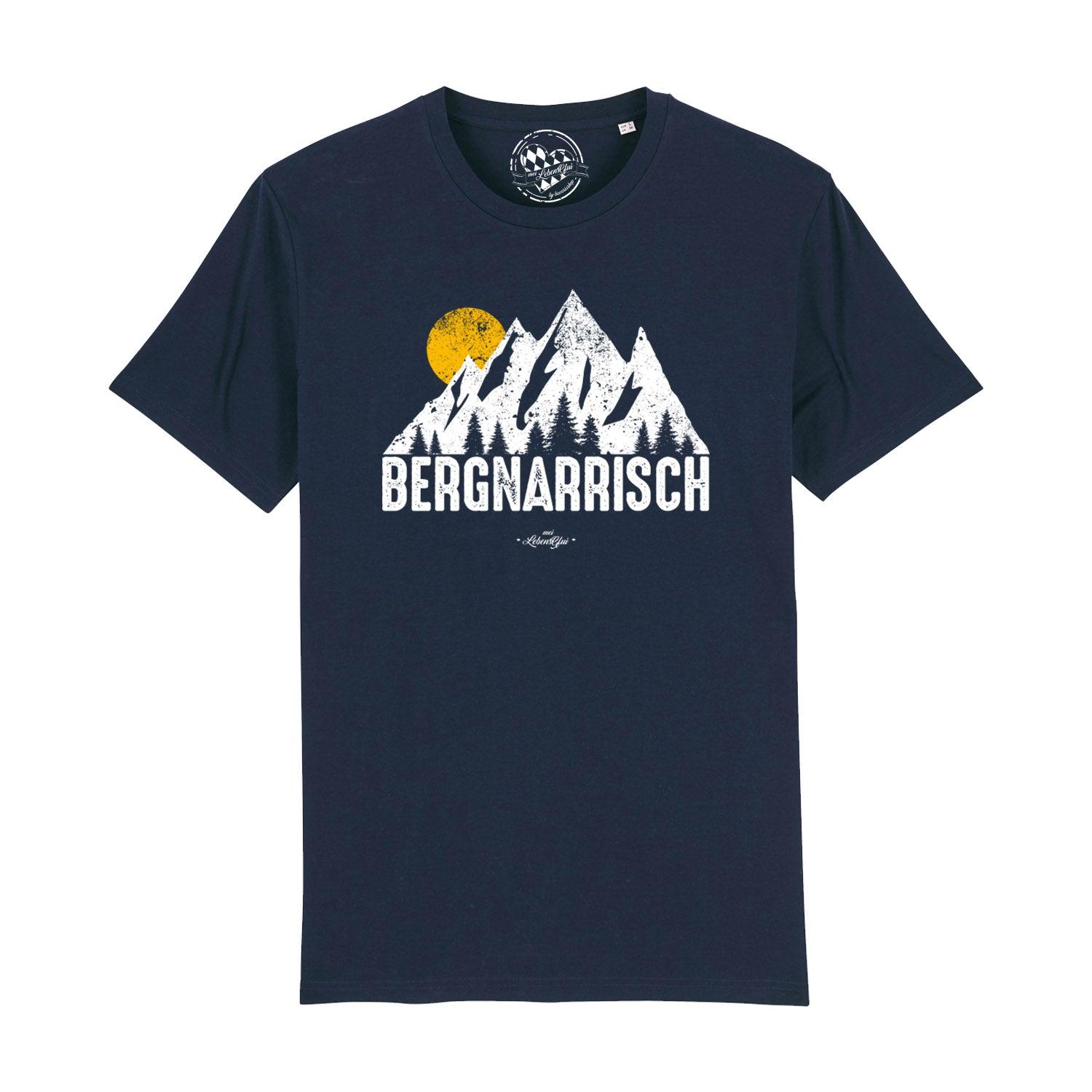 Dunkelblaues Herren-T-Shirt mit weißem „Bergnarrisch“-Schriftzug, Rundhals, aus 100 % Bio-Baumwolle.