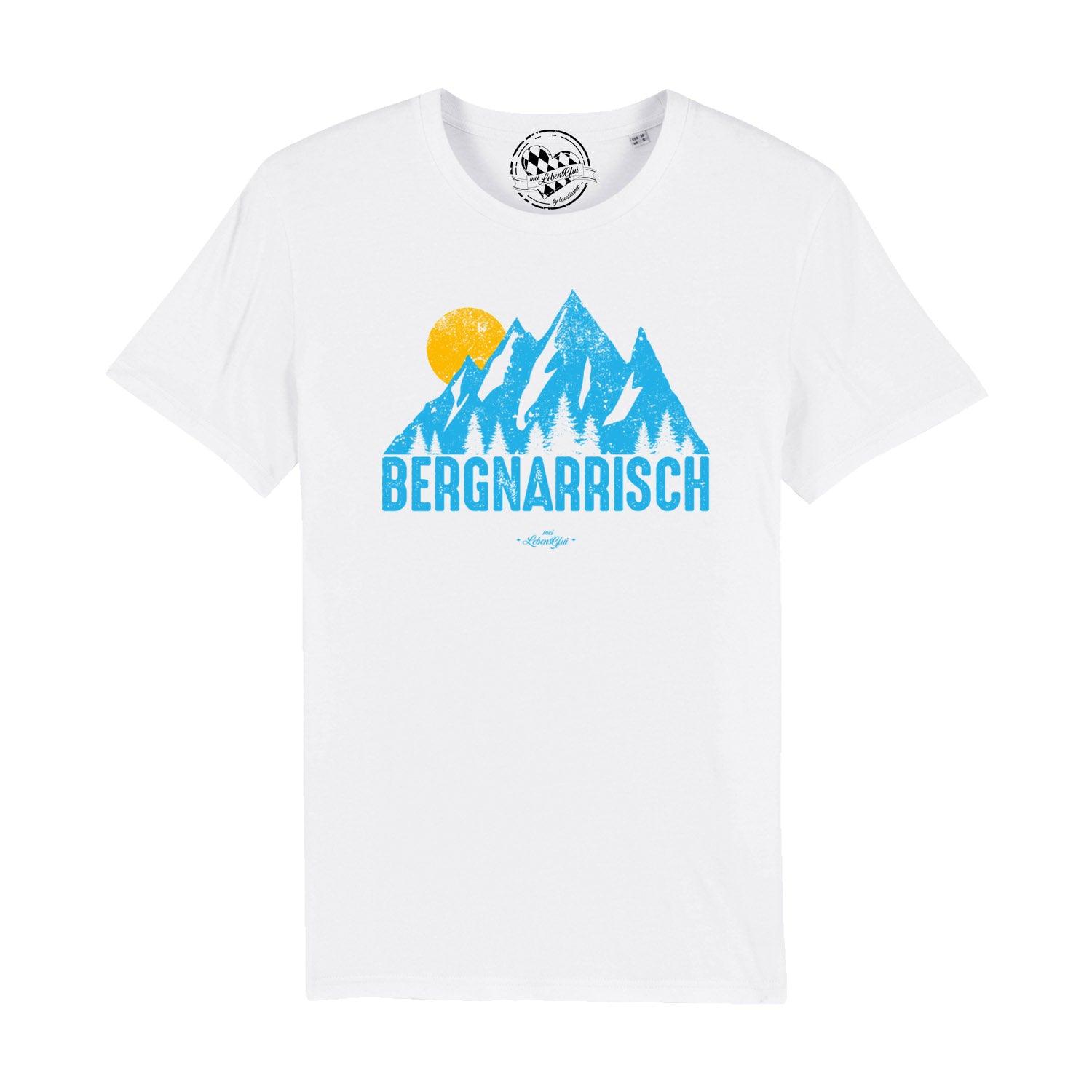 Herren T-Shirt in Dunkelgrau mit weißem Schriftzug „bergnarrisch“, Rundhalsausschnitt, Bio-Baumwolle.