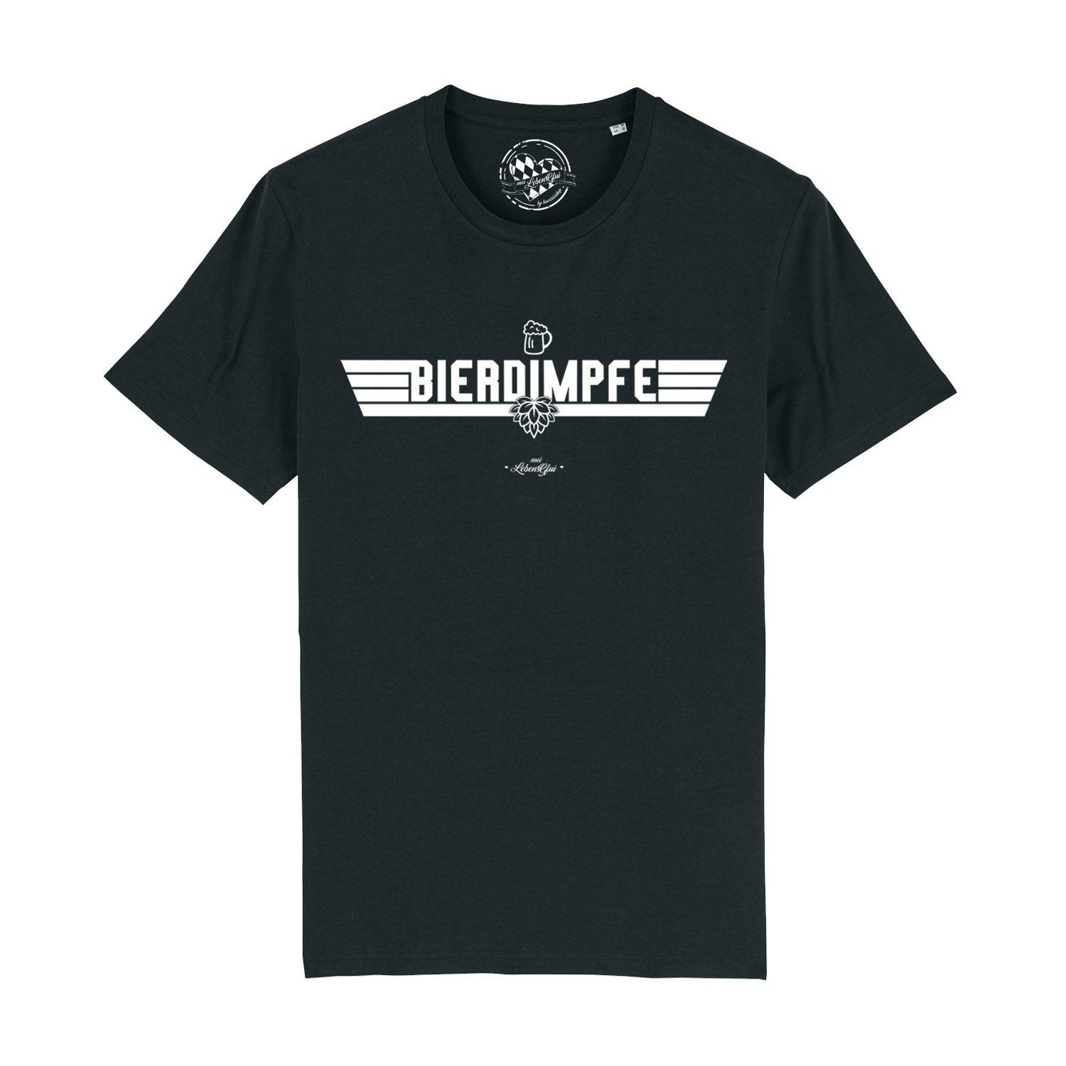 Schwarzes Herren-T-Shirt mit weißem „Bierdimpfe“-Schriftzug in Handschriftoptik aus 100 % Bio-Baumwolle.