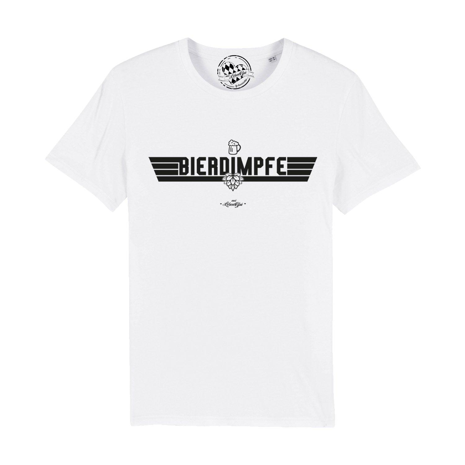 Schwarzes Herren-T-Shirt mit weißem "Bierdimpfe"-Schriftzug in Frakturschrift, aus 100 % Bio-Baumwolle.