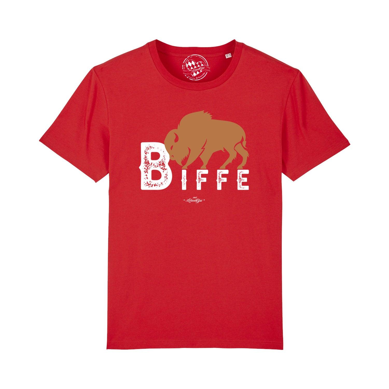 Schwarzes Herren-T-Shirt mit weißem Mundart-Schriftzug „Biffe“, Rundhalsausschnitt, aus 100 % Bio-Baumwolle.