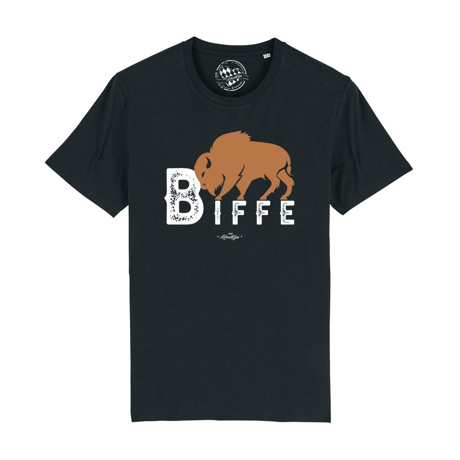 Schwarzes Herren-T-Shirt mit weißem Frontprint "Biffe", Rundhalsausschnitt, aus 100 % Bio-Baumwolle.