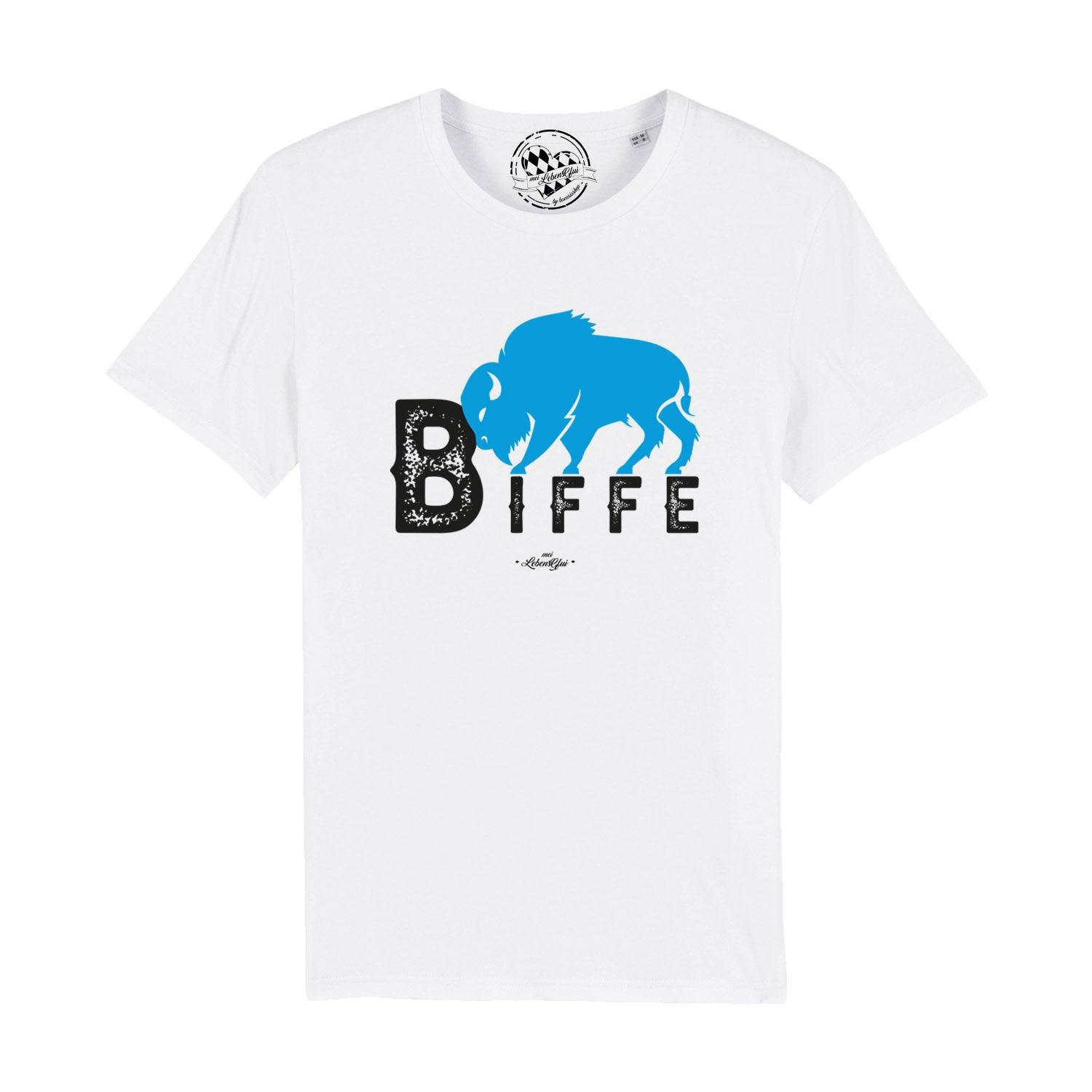 Schwarzes Herren-T-Shirt mit weißem Brustprint „Biffe“ in bayerischer Mundart, aus 100 % Bio-Baumwolle.