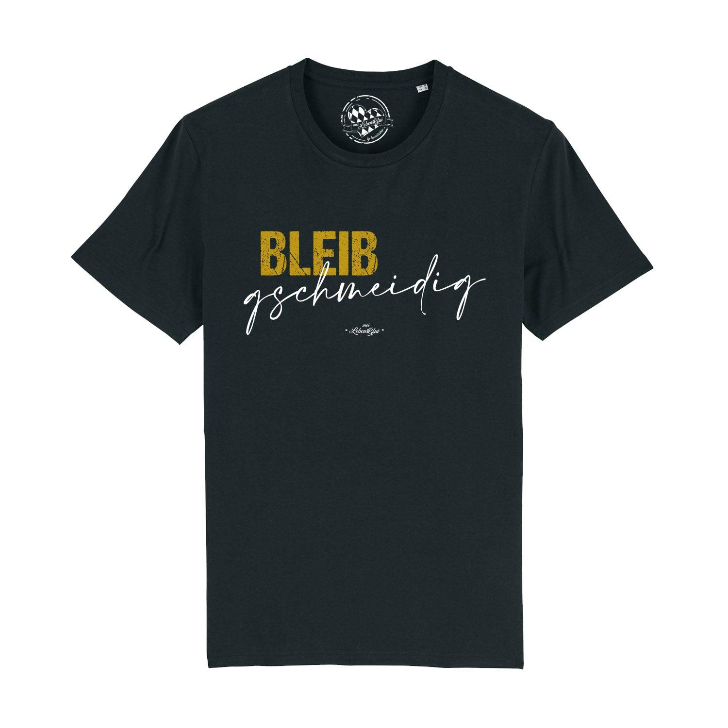 Schwarzes Herren-T-Shirt mit weißem Frontprint „Bleib gschmeidig“, Rundhalsausschnitt, 100 % Bio-Baumwolle.