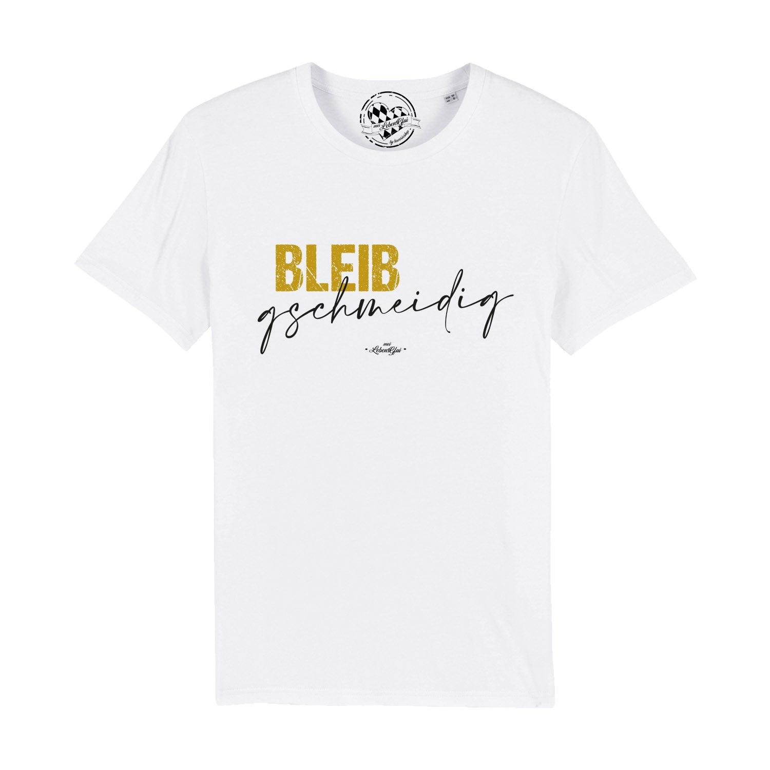 Graues Herren-T-Shirt mit weißem Schriftzug „Bleib gschmeidig“, aus 100 % Bio-Baumwolle, Rundhalsausschnitt.