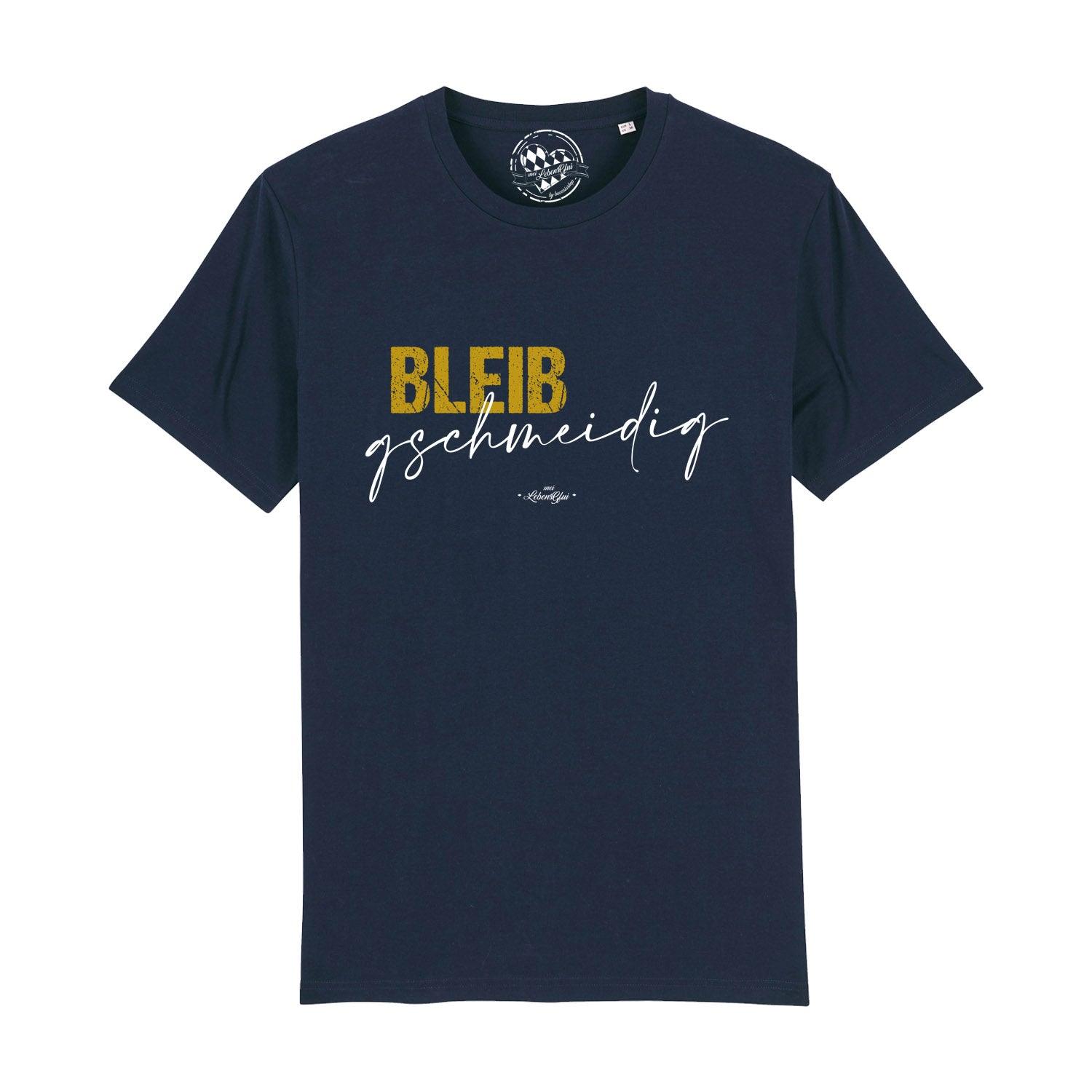Schwarzes Herren-T-Shirt mit weißem Frontprint „Bleib gschmeidig“, klassischer Schnitt, aus 100 % Bio-Baumwolle.