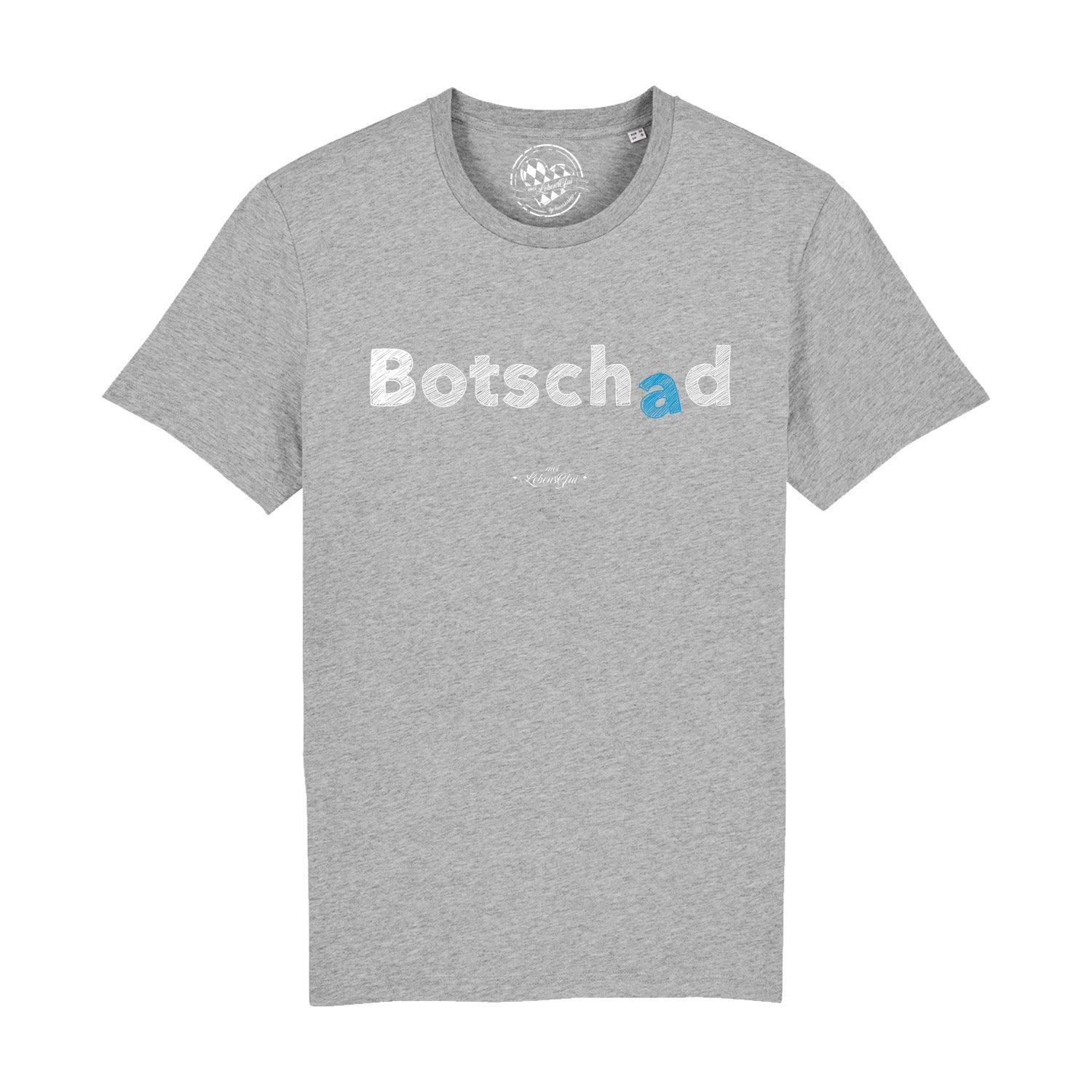 Schwarzes Herren-T-Shirt mit weißem „Botschad“-Schriftzug im Brustbereich, Rundhalsausschnitt, 100 % Bio-Baumwolle.