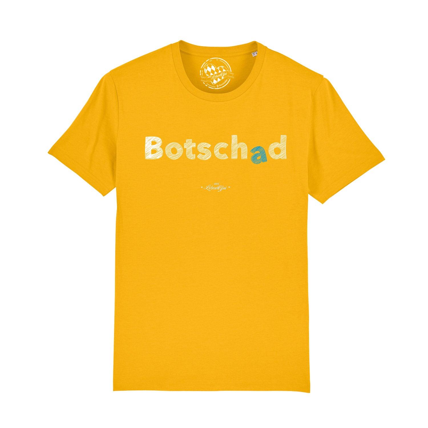 Schwarzes Herren-T-Shirt mit weißem „Botschad“-Schriftzug in Druckbuchstaben, aus 100 % Bio-Baumwolle.