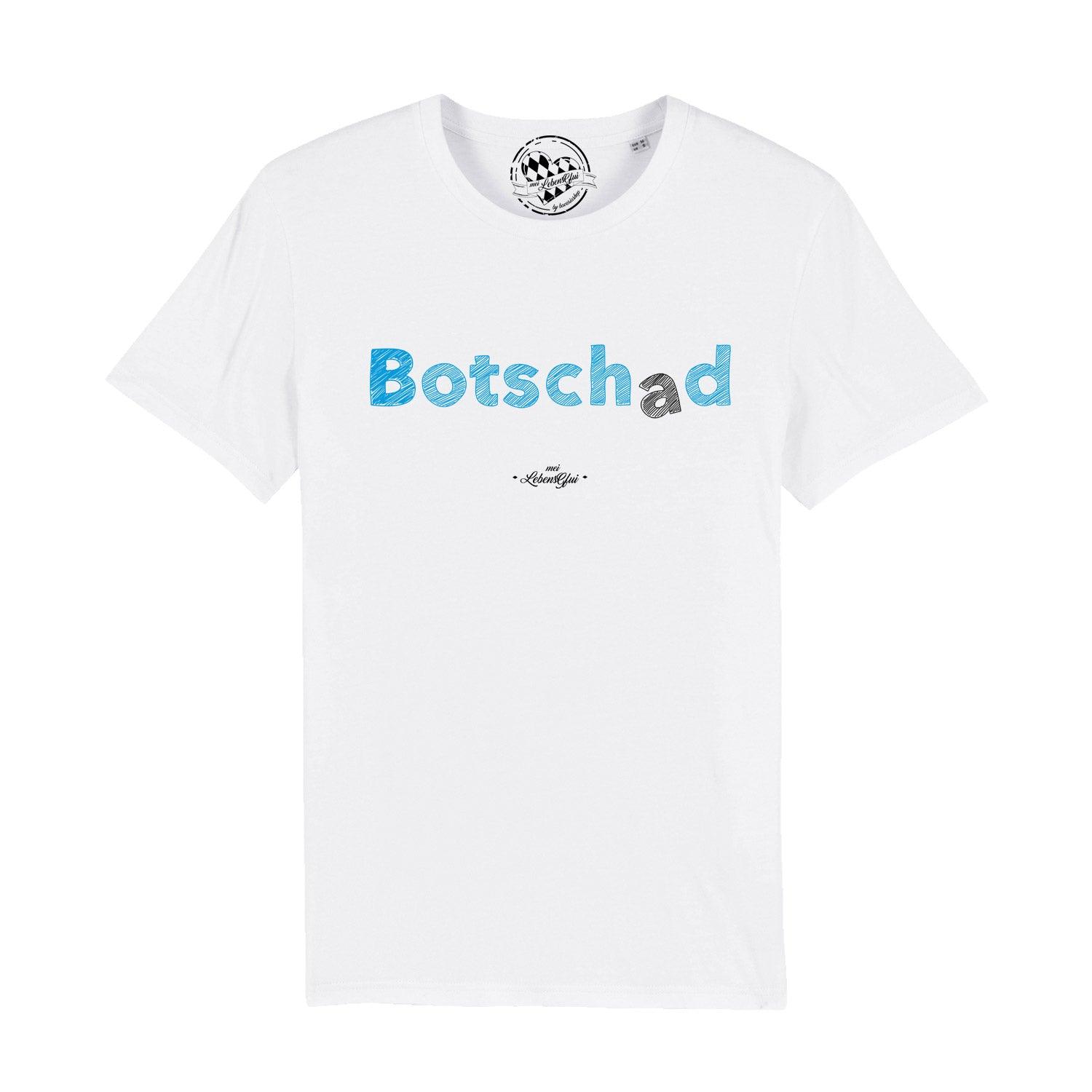 Schwarzes Herren-T-Shirt mit weißem „Botschad“-Schriftzug, Rundhalsausschnitt, 100 % Bio-Baumwolle, 180 g/m².