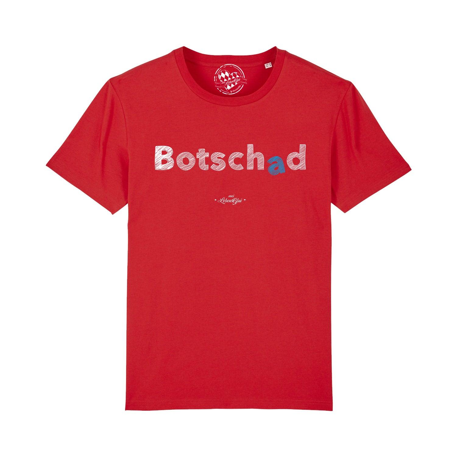 Schwarzes Herren-T-Shirt mit weißem "Botschad"-Schriftzug in bayerischer Mundart, aus 100 % Bio-Baumwolle.