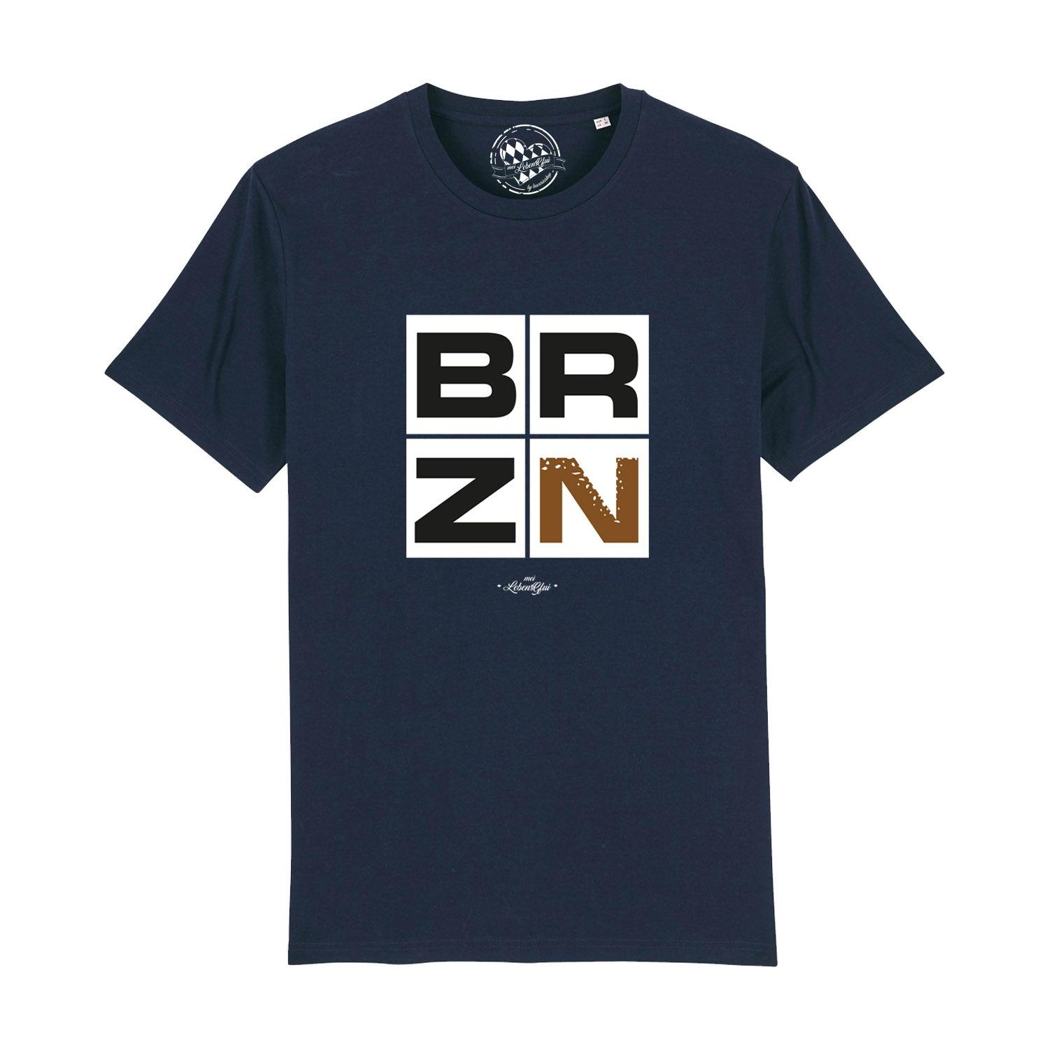 Schwarzes Herren-T-Shirt mit weißem „BRZN“-Schriftzug, Kurzarm, Rundhals, aus 100 % Bio-Baumwolle.