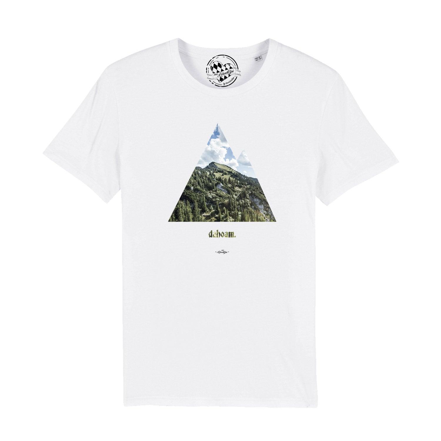 Schwarzes Herren-T-Shirt mit weißem „dahoam“-Schriftzug in bayerischer Mundart, aus 100 % Bio-Baumwolle.