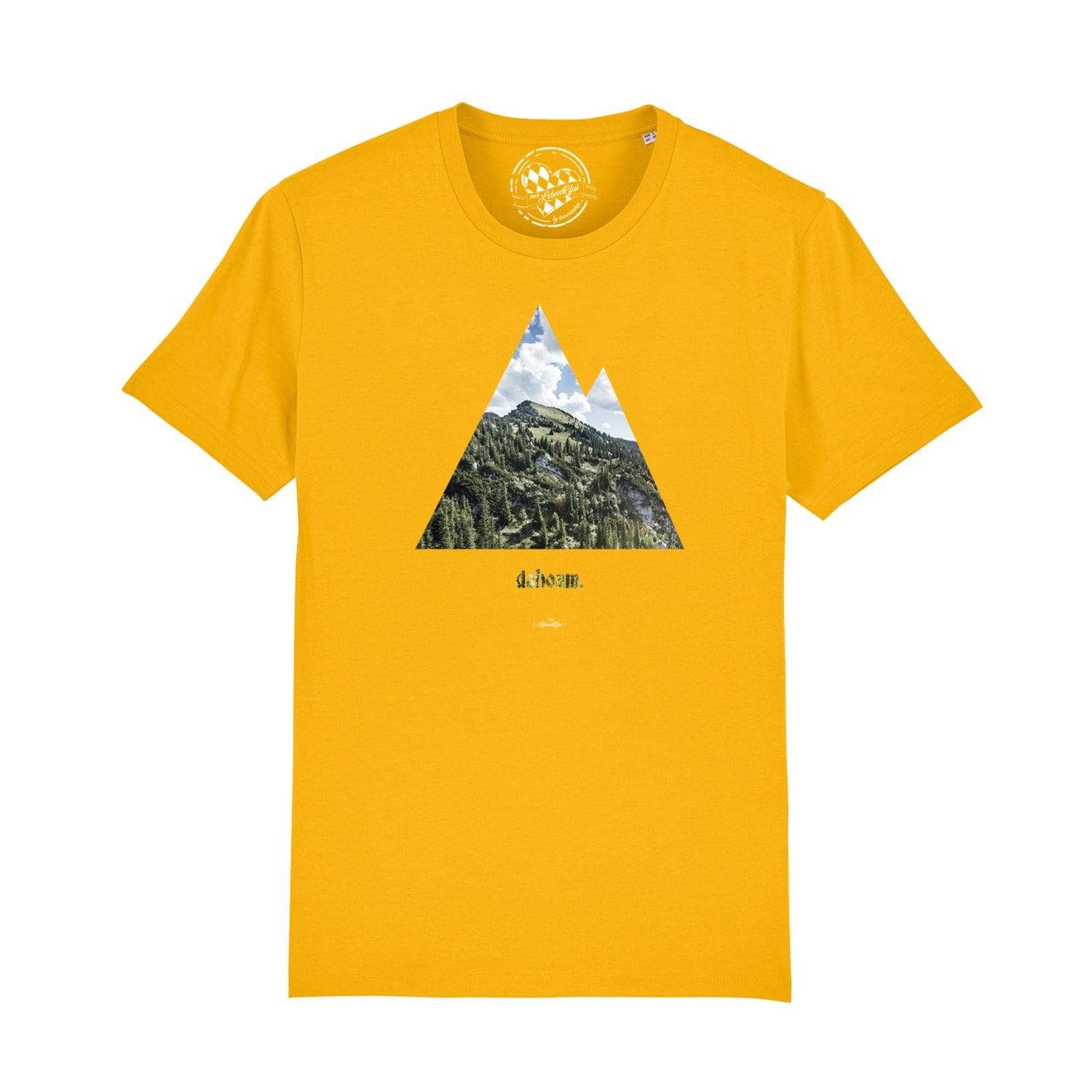 Herren T-Shirt in Dunkelblau mit weißem „dahoam“-Schriftzug, kurzärmelig aus 100 % Bio-Baumwolle.