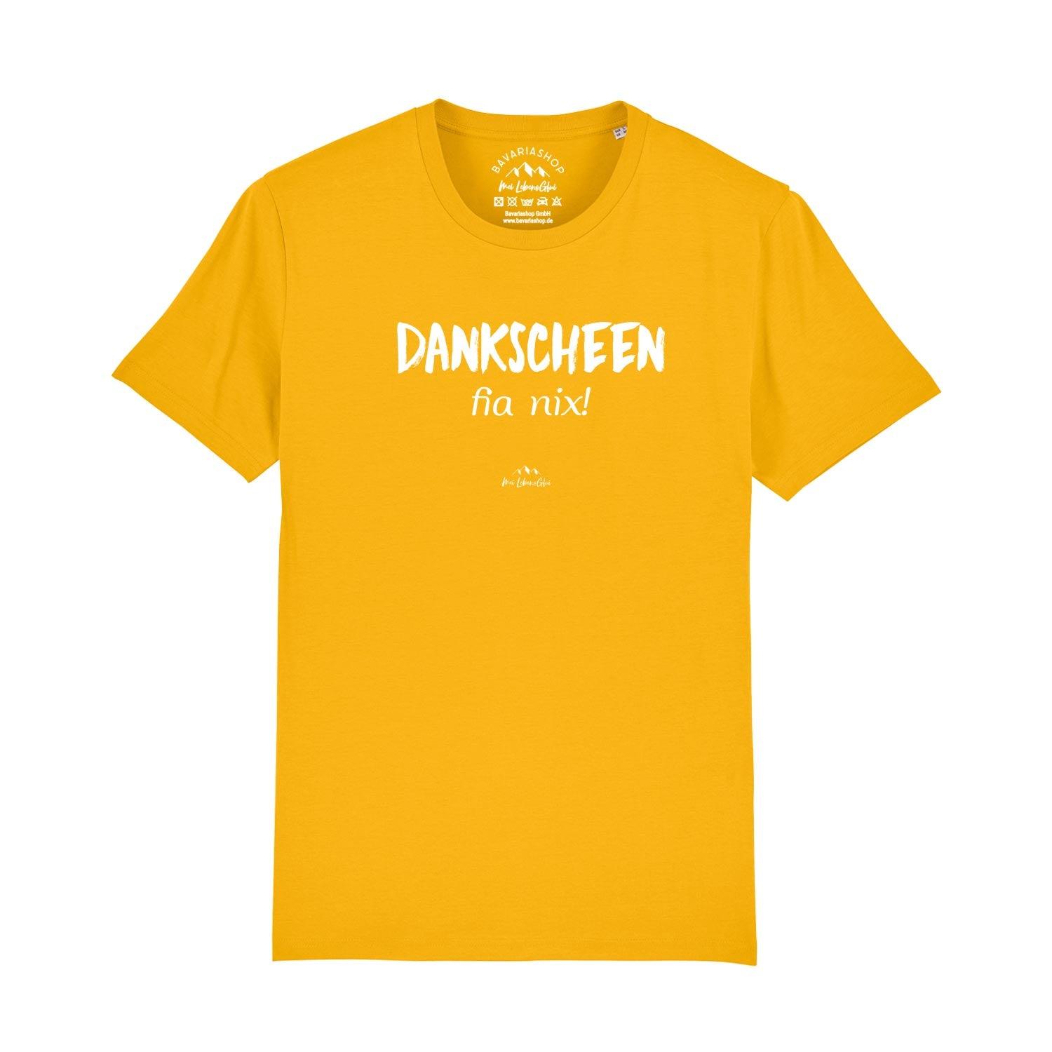Herren T-Shirt mit bayerischem Schriftzug „Dankscheen – fia nix!“, aus Bio-Baumwolle, Digitaldruck, 180g/m².