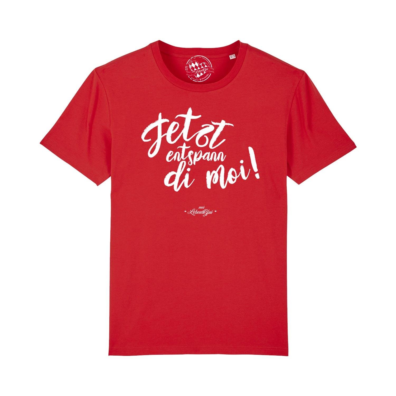 Herren T-Shirt mit Schriftzug „Entspann di moi…“, aus Bio-Baumwolle, hochwertiger Digitaldruck, glatter Stoff.
