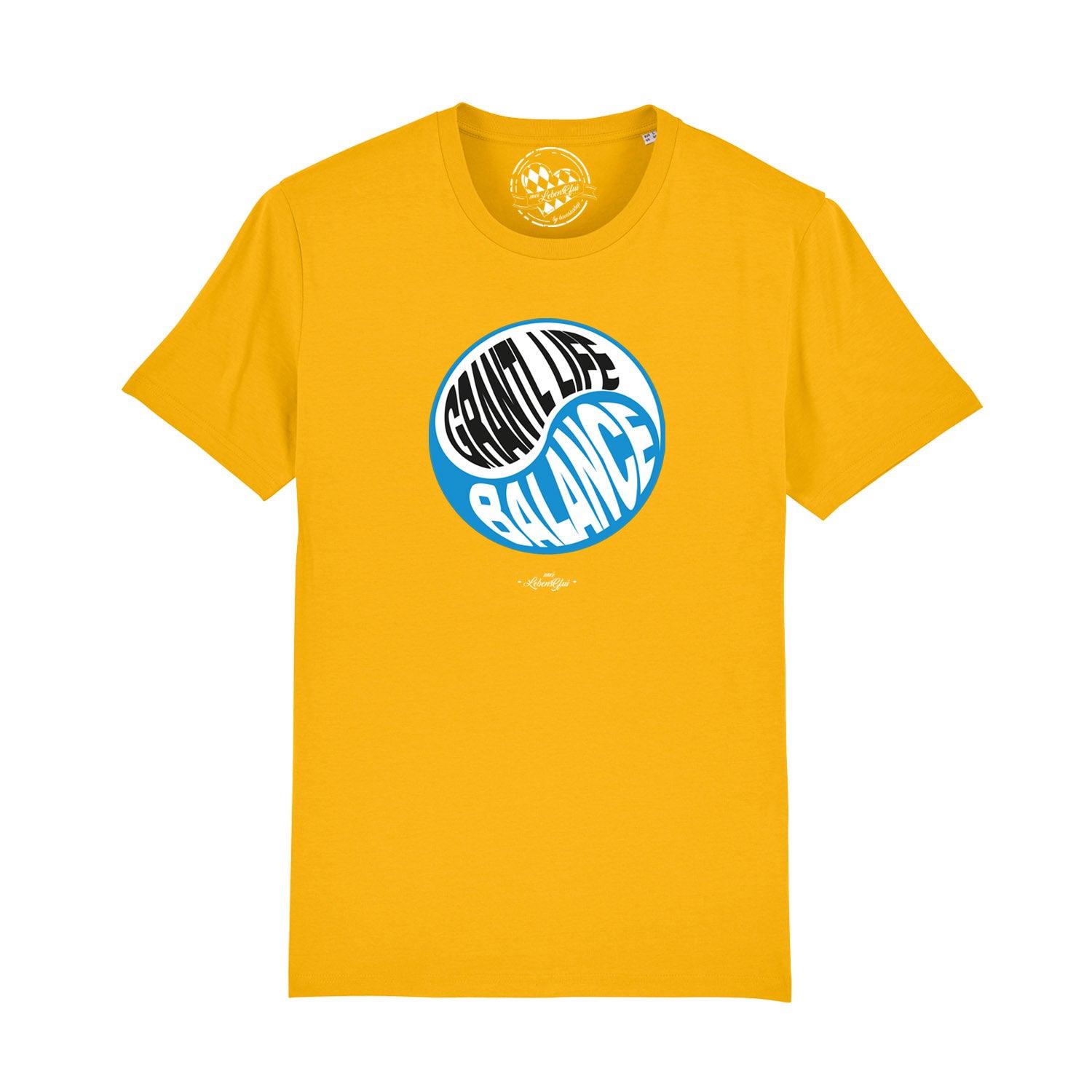 Schwarzes Herren-T-Shirt mit weißem Frontprint „Grantl life balance“, Rundhals, aus 100 % Bio-Baumwolle.