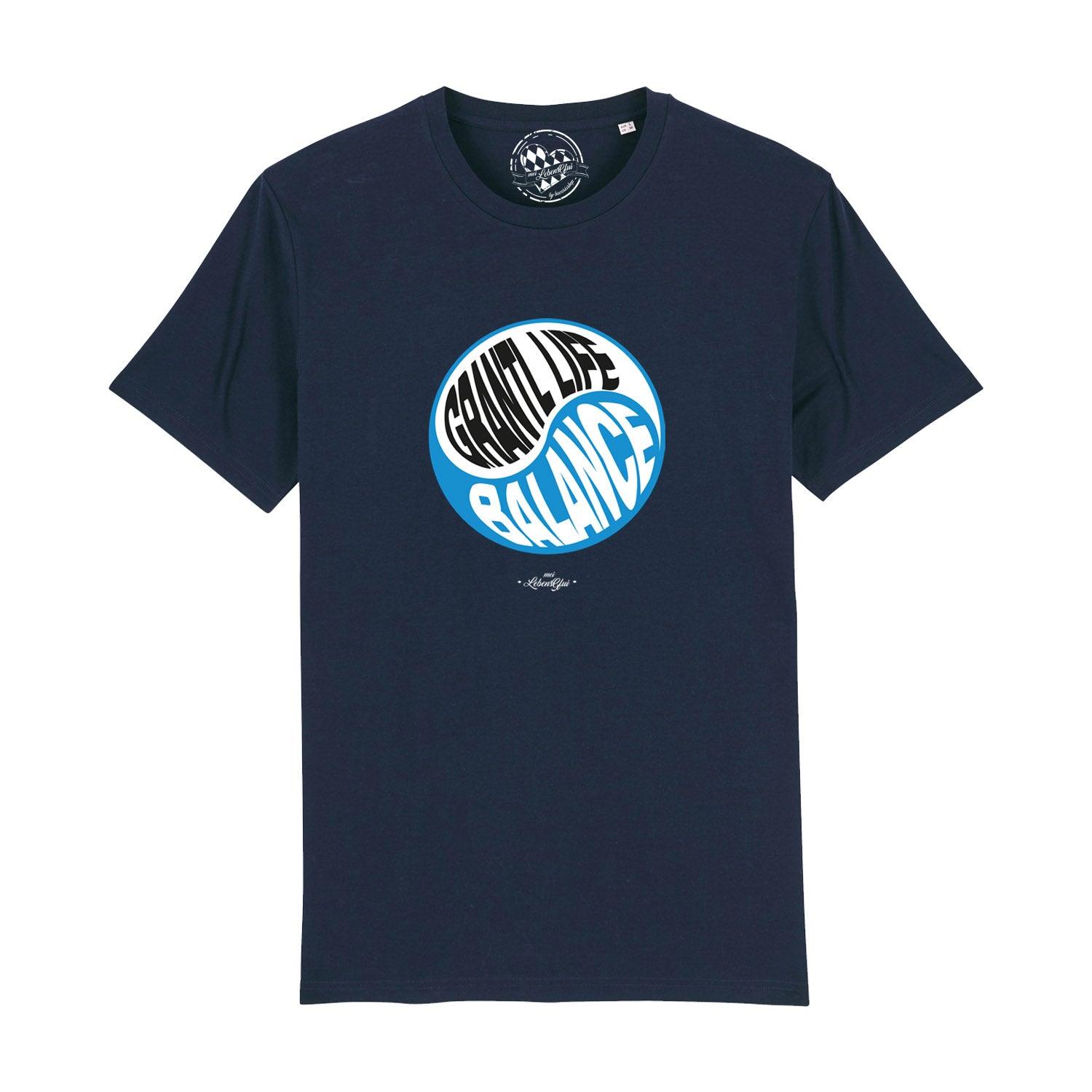 Schwarzes Herren-T-Shirt mit weißem Aufdruck "Grantl Life Balance", Rundhals, aus 100 % Bio-Baumwolle.