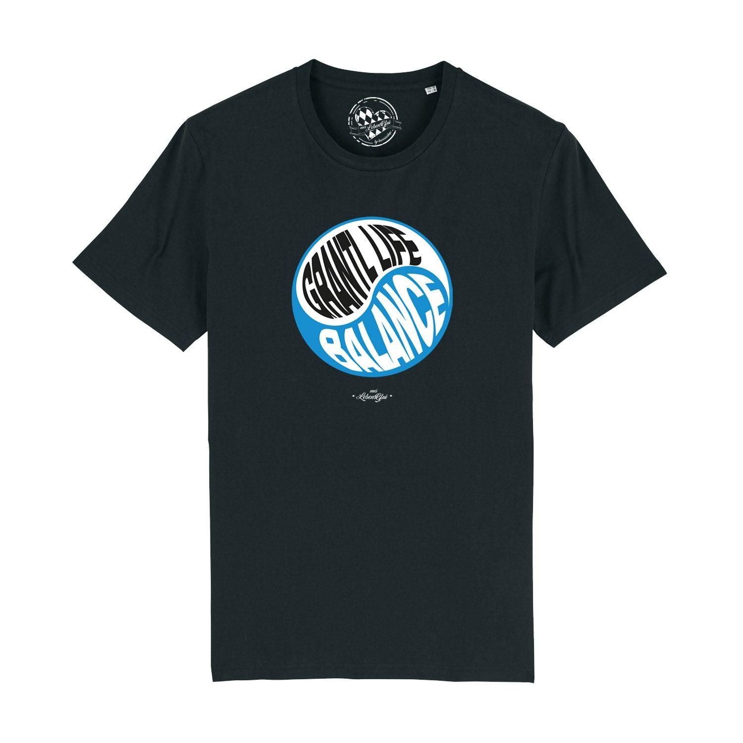 Schwarzes Herren-T-Shirt mit weißem Schriftzug „Grantl life balance“, Rundhals, 100 % Bio-Baumwolle, Digitaldruck.