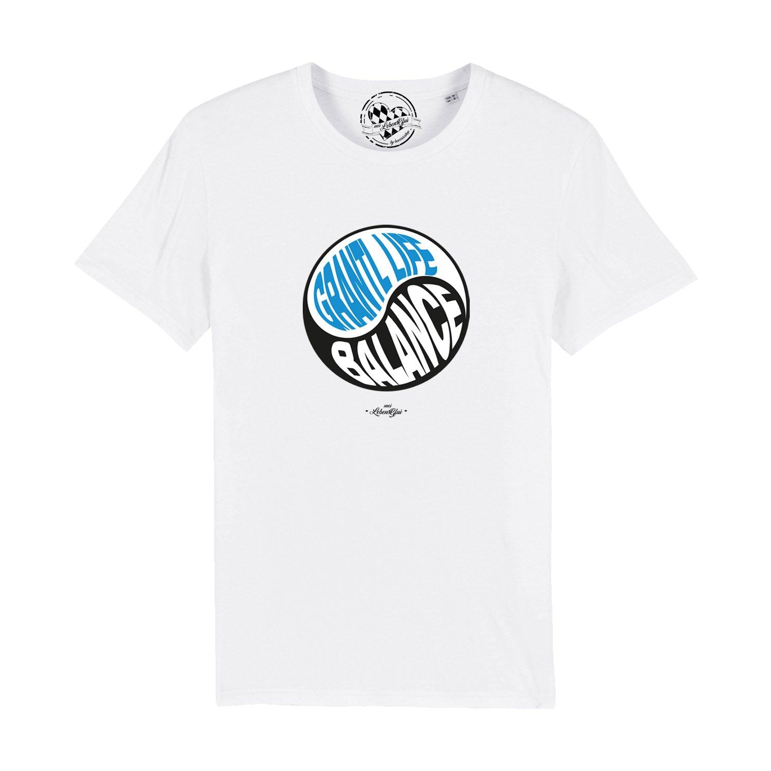 Schwarzes Herren-T-Shirt mit weißem Schriftzug „Grantl life balance“, Rundhalsausschnitt, 100 % Bio-Baumwolle.