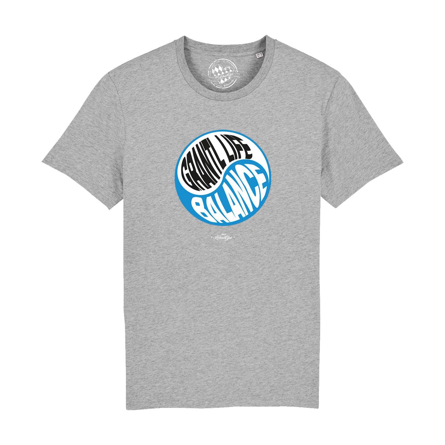Schwarzes Herren-T-Shirt mit weißem Frontprint „Grantl life balance“, Rundhalsausschnitt, Bio-Baumwolle, kurzarm.