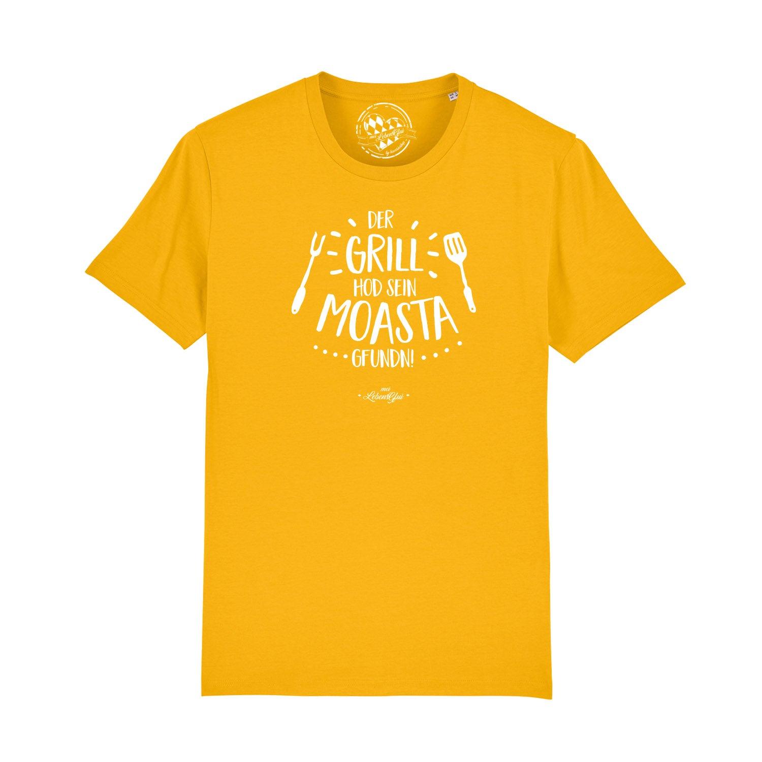 Schwarzes Herren-T-Shirt mit weißem „GrillMoasta“-Schriftzug in Blockbuchstaben, Rundhalsausschnitt, Bio-Baumwolle.