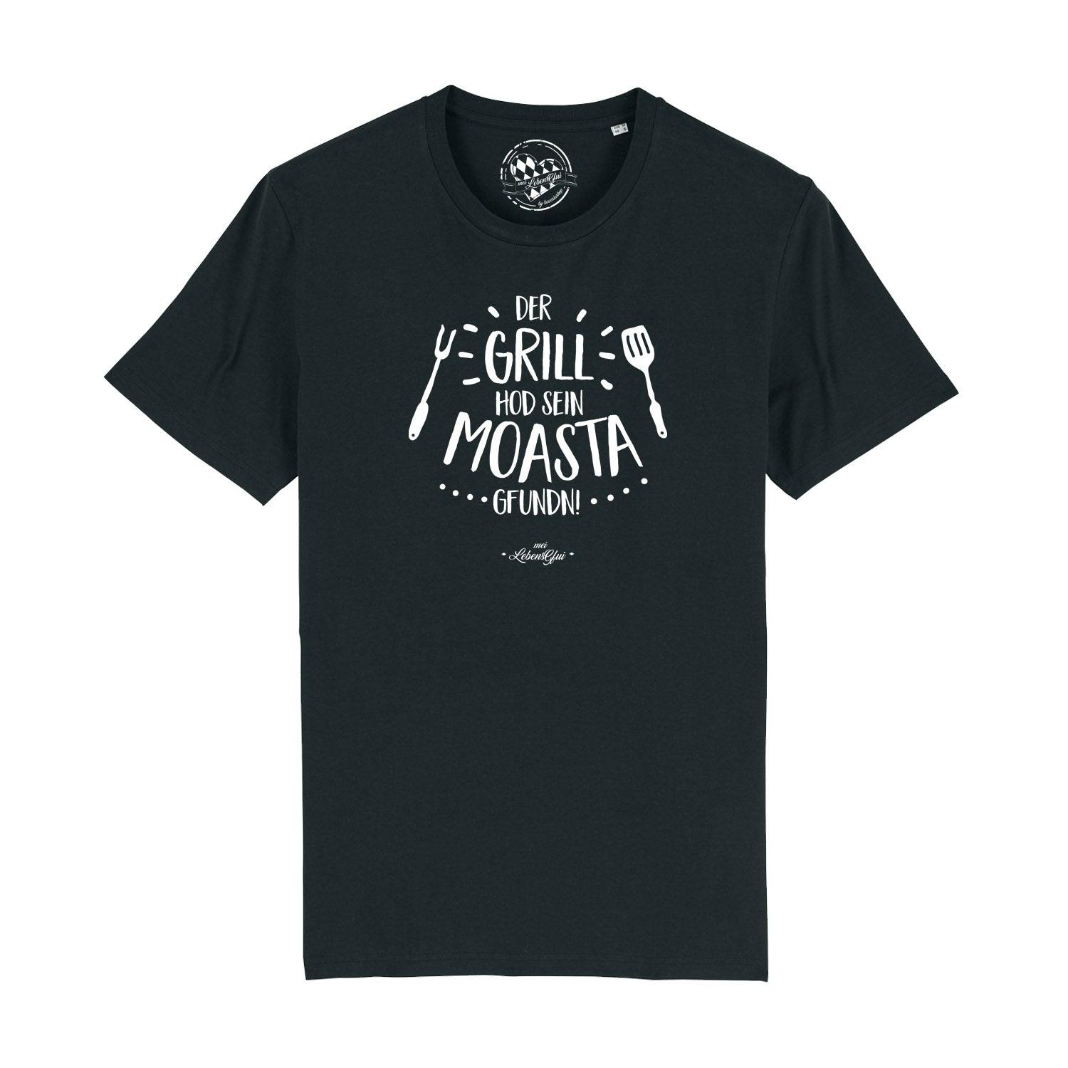 Schwarzes Herren-T-Shirt mit weißem "GrillMoasta"-Schriftzug, Rundhals, aus 100 % Bio-Baumwolle, glatt gewebt.