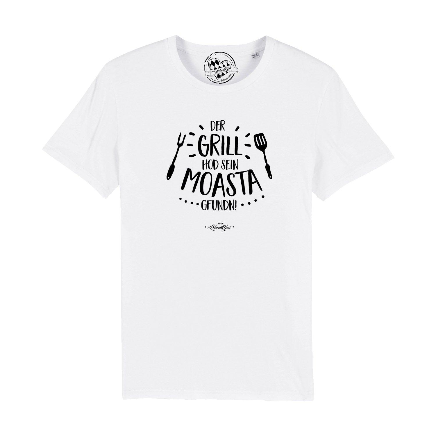 Schwarzes Herren-T-Shirt mit weißem „GrillMoasta“-Aufdruck in bayerischer Schrift, aus 100 % Bio-Baumwolle.