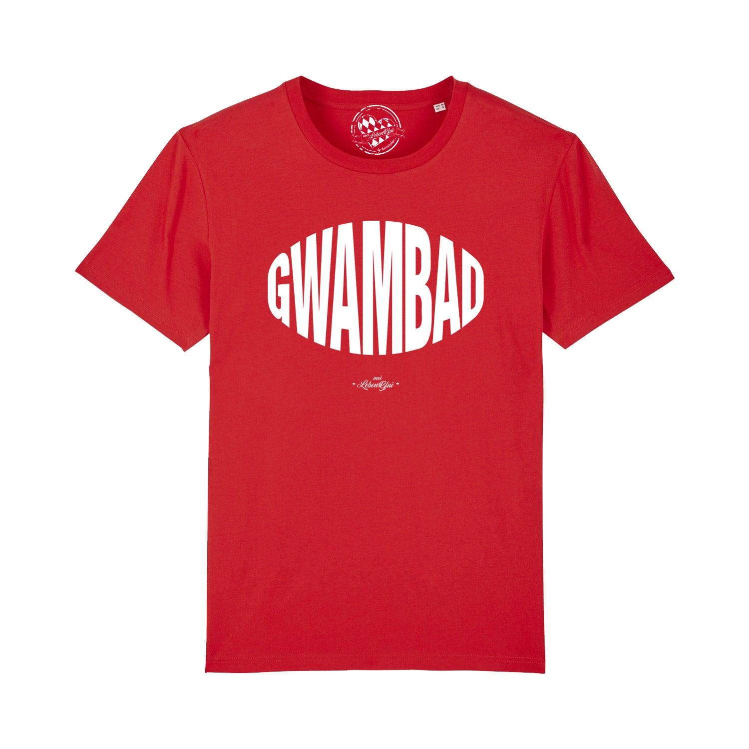 Schwarzes Herren-T-Shirt mit weißem „Gwambad“-Schriftzug in bayerischer Mundart, aus 100 % Bio-Baumwolle.