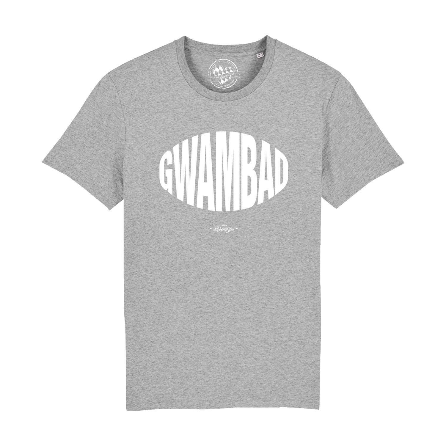 Schwarzes Herren-T-Shirt mit weißem „Gwambad“-Schriftzug in bayerischer Mundart, aus 100 % Bio-Baumwolle.