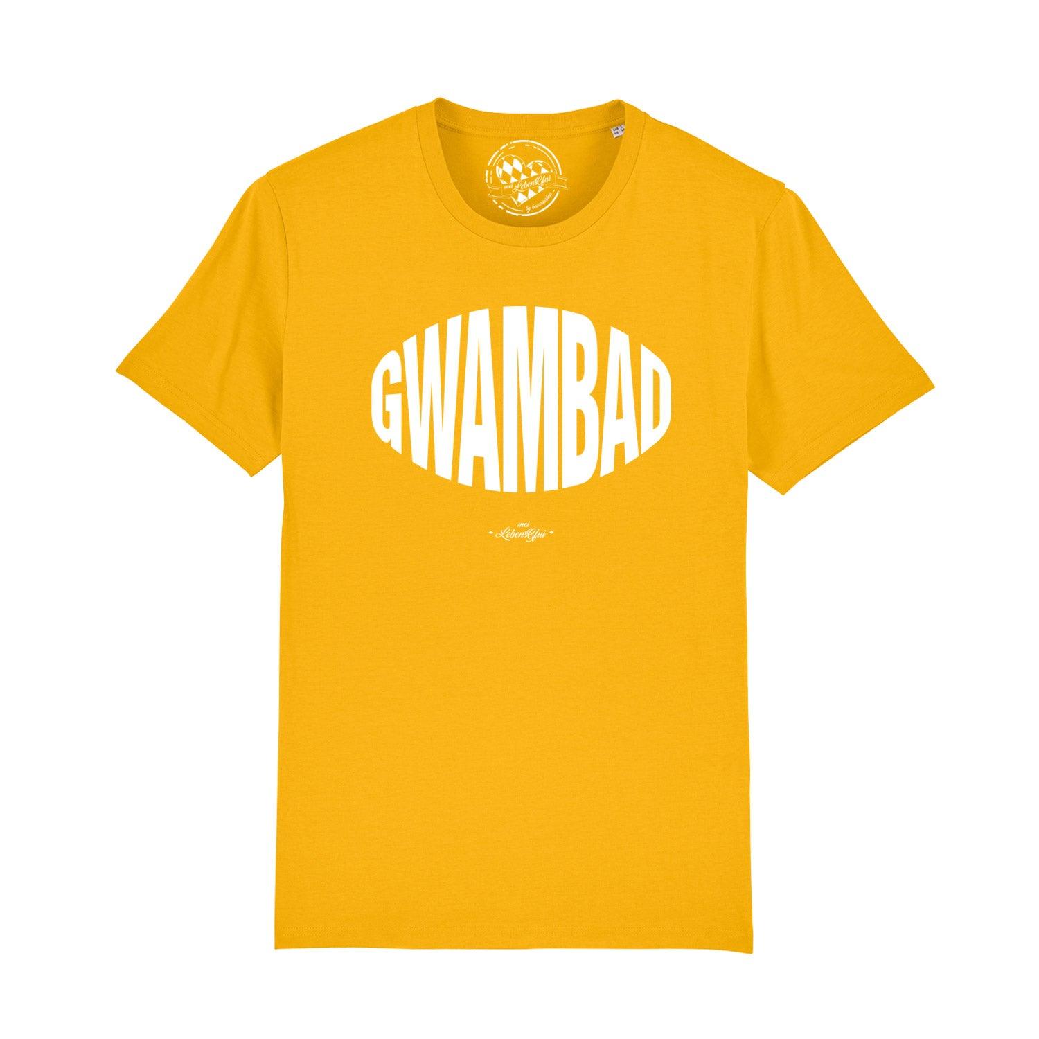 Schwarzes Herren-T-Shirt mit weißem „Gwambad“-Schriftzug in bayerischer Mundart aus 100 % Bio-Baumwolle.