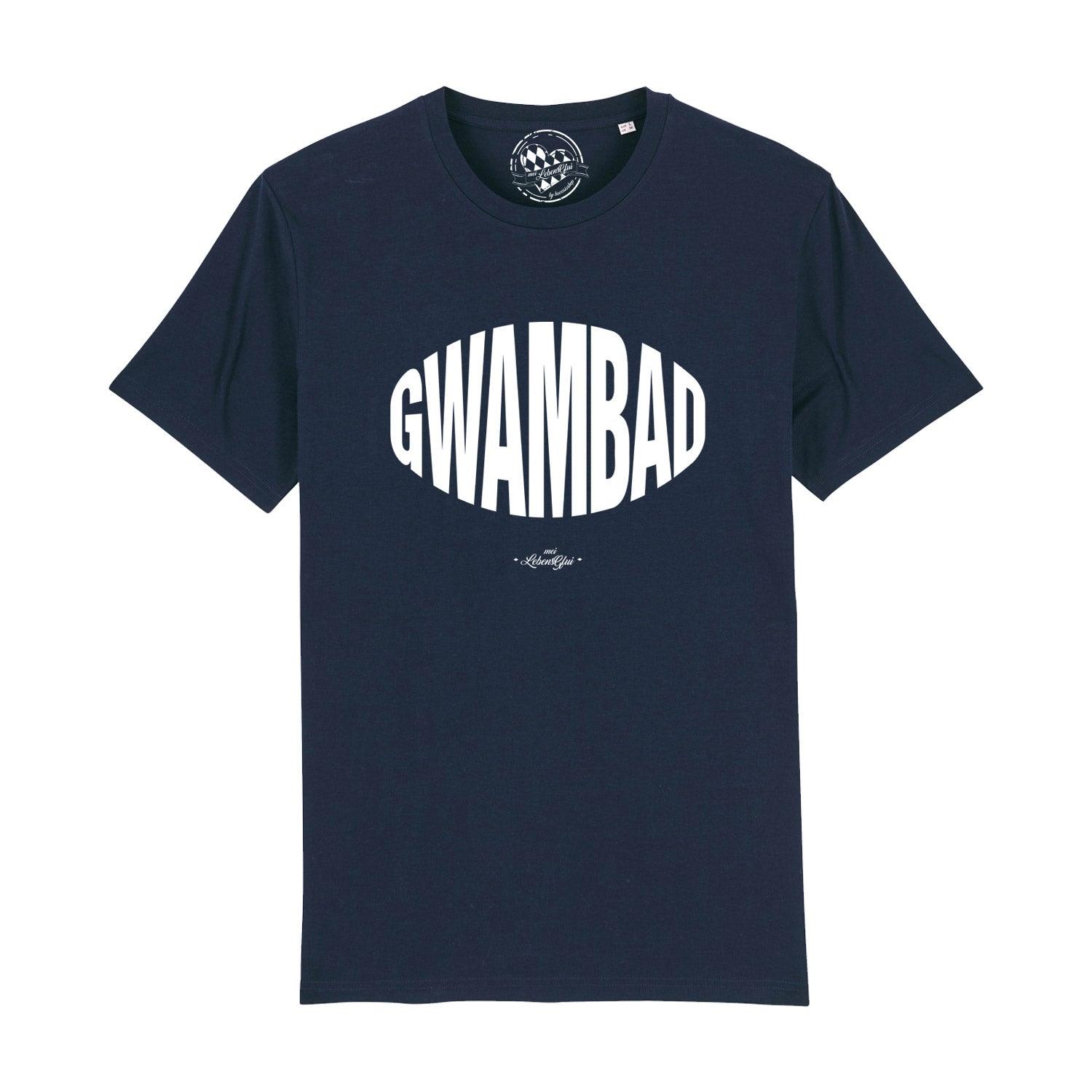 Schwarzes Herren-T-Shirt mit weißem „Gwambad“-Schriftzug, Rundhalsausschnitt, 100 % Bio-Baumwolle, glatte Oberfläche.