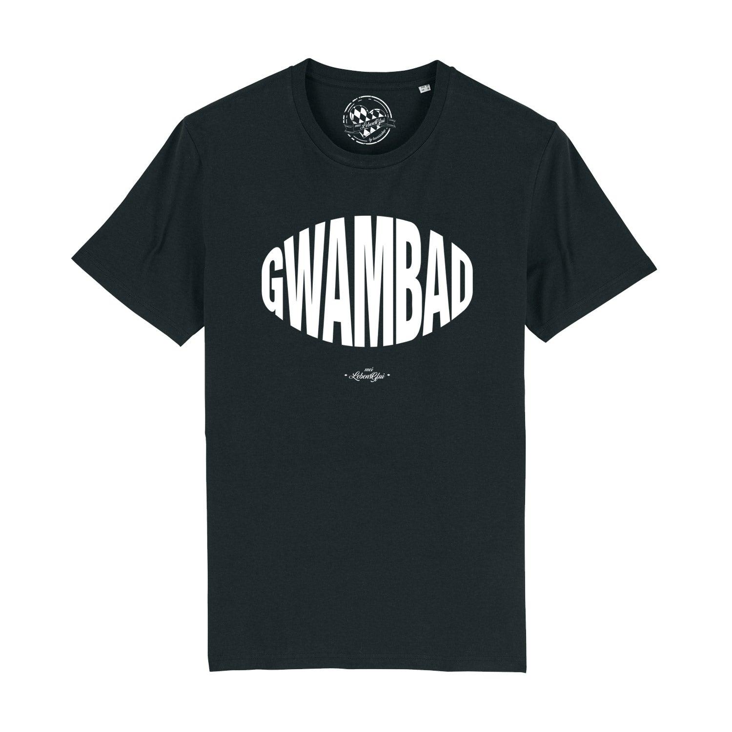 Herren T-Shirt in Schwarz mit weißem „Gwambad“-Schriftzug, Rundhals, aus 100 % Bio-Baumwolle, gerade geschnitten.