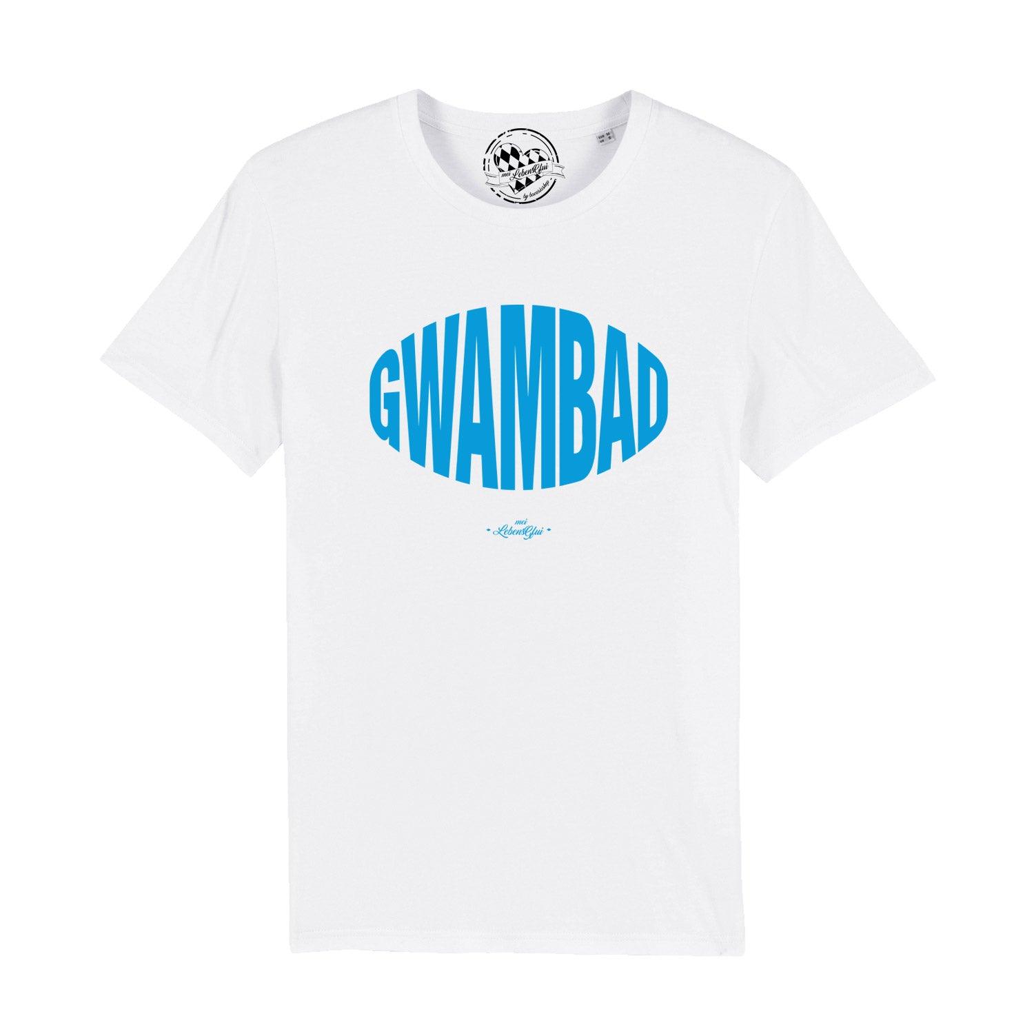 Herren-T-Shirt in Anthrazit mit weißem „Gwambad“-Schriftzug in bayerischer Mundart aus 100 % Bio-Baumwolle.