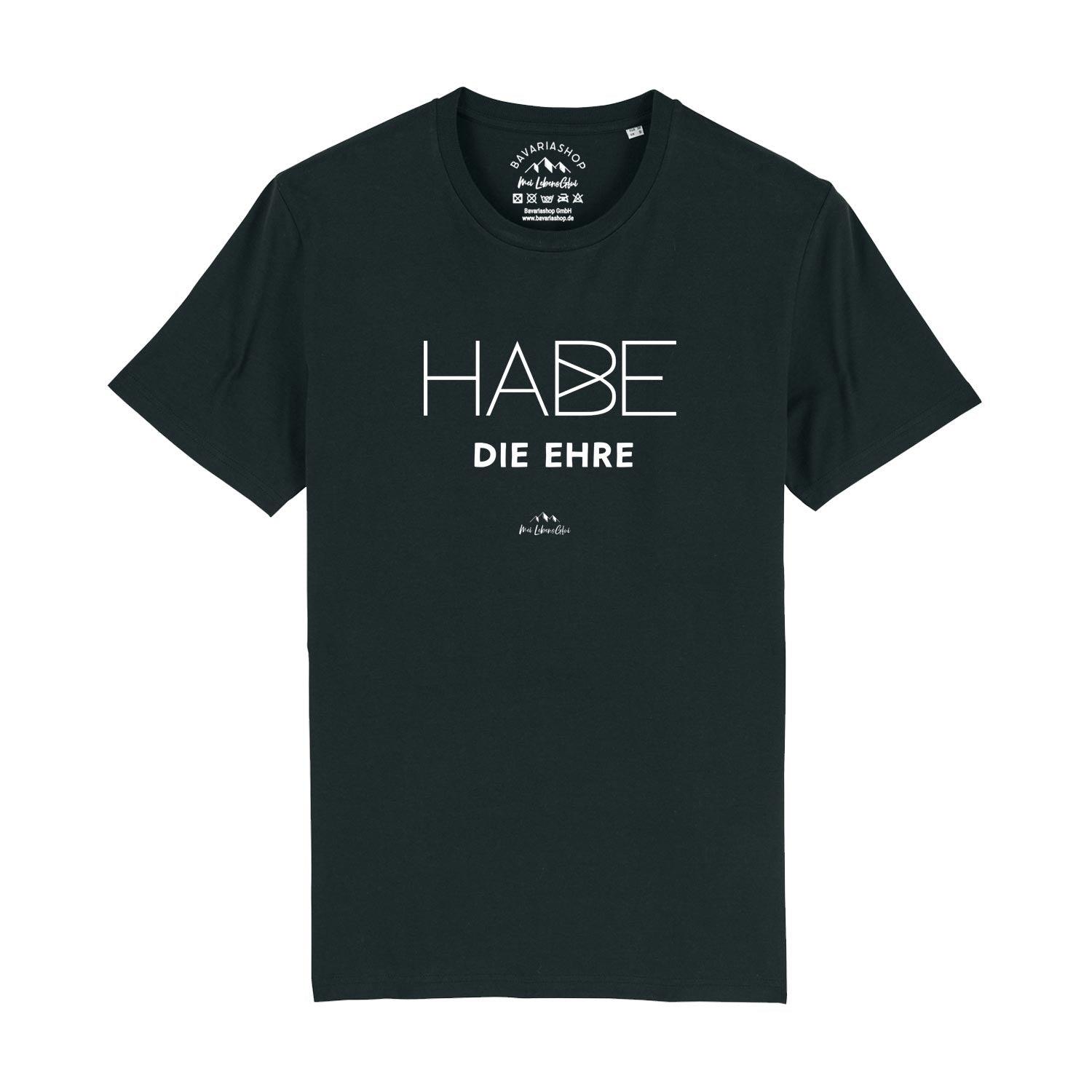Herren-T-Shirt mit bayerischem Schriftzug "Habe die Ehre", Rundhalsausschnitt, aus 100 % Bio-Baumwolle.
