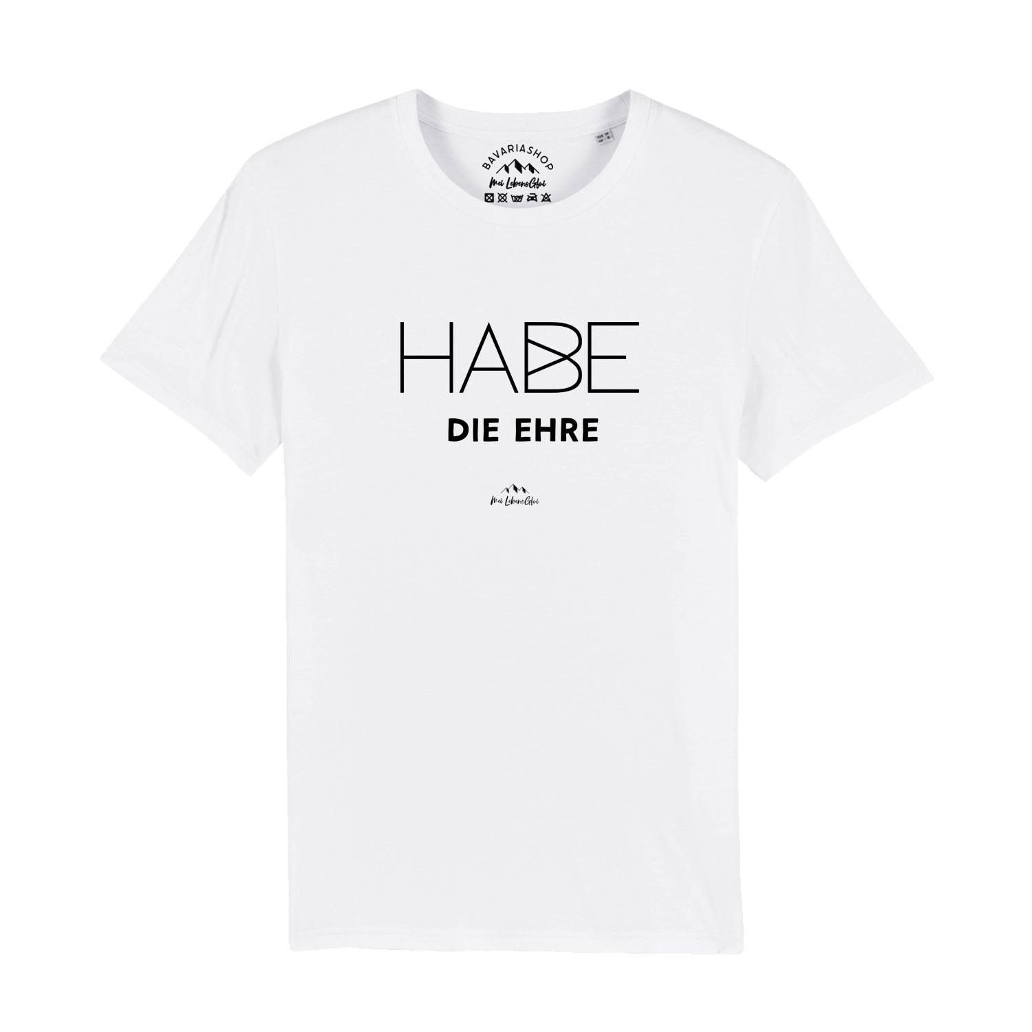 Herren T-Shirt mit bayerischem Schriftzug "Habe die Ehre", Rundhals, glatt gewebt, aus 100 % Bio-Baumwolle.