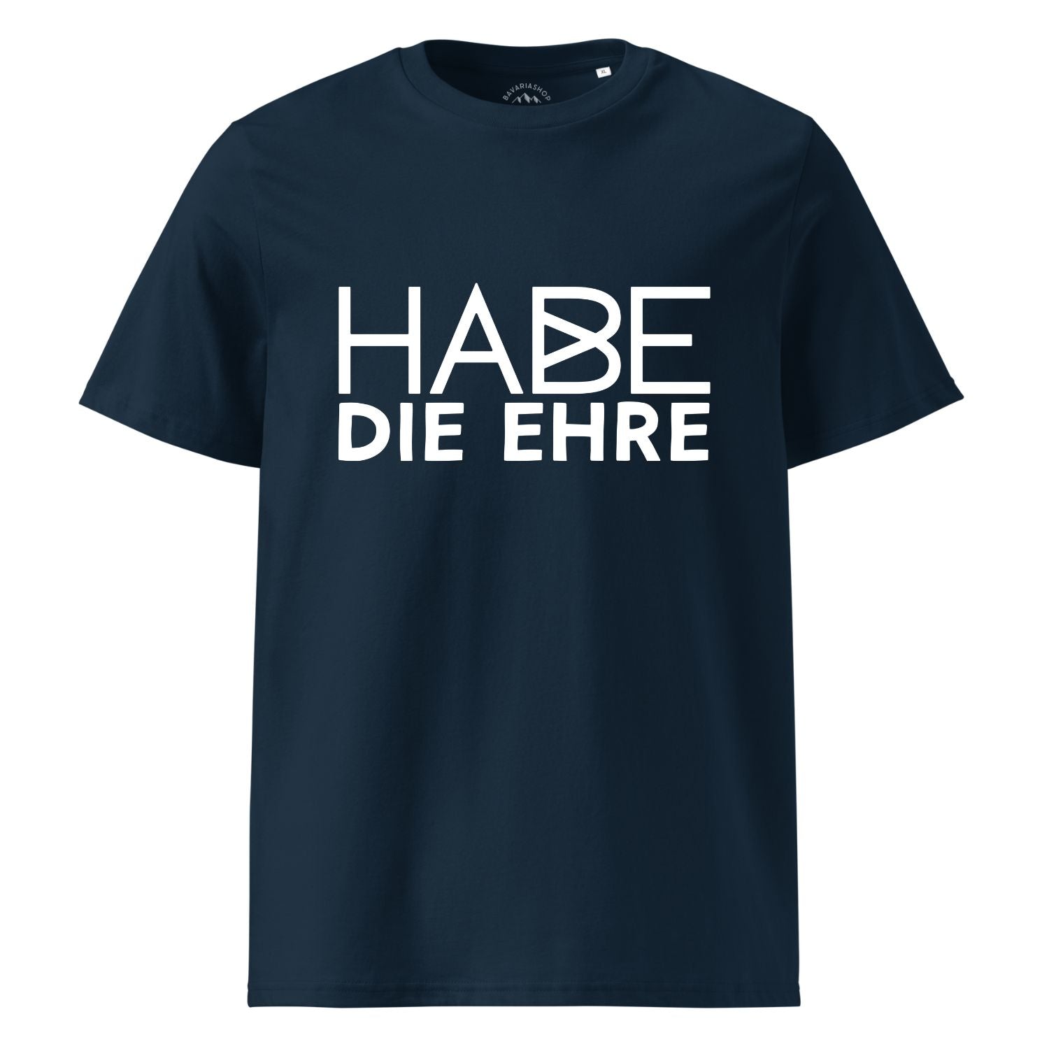 Dunkelblaues Herren T-Shirt mit weißem Druck "HABE DIE EHRE" und kurzen Ärmeln.