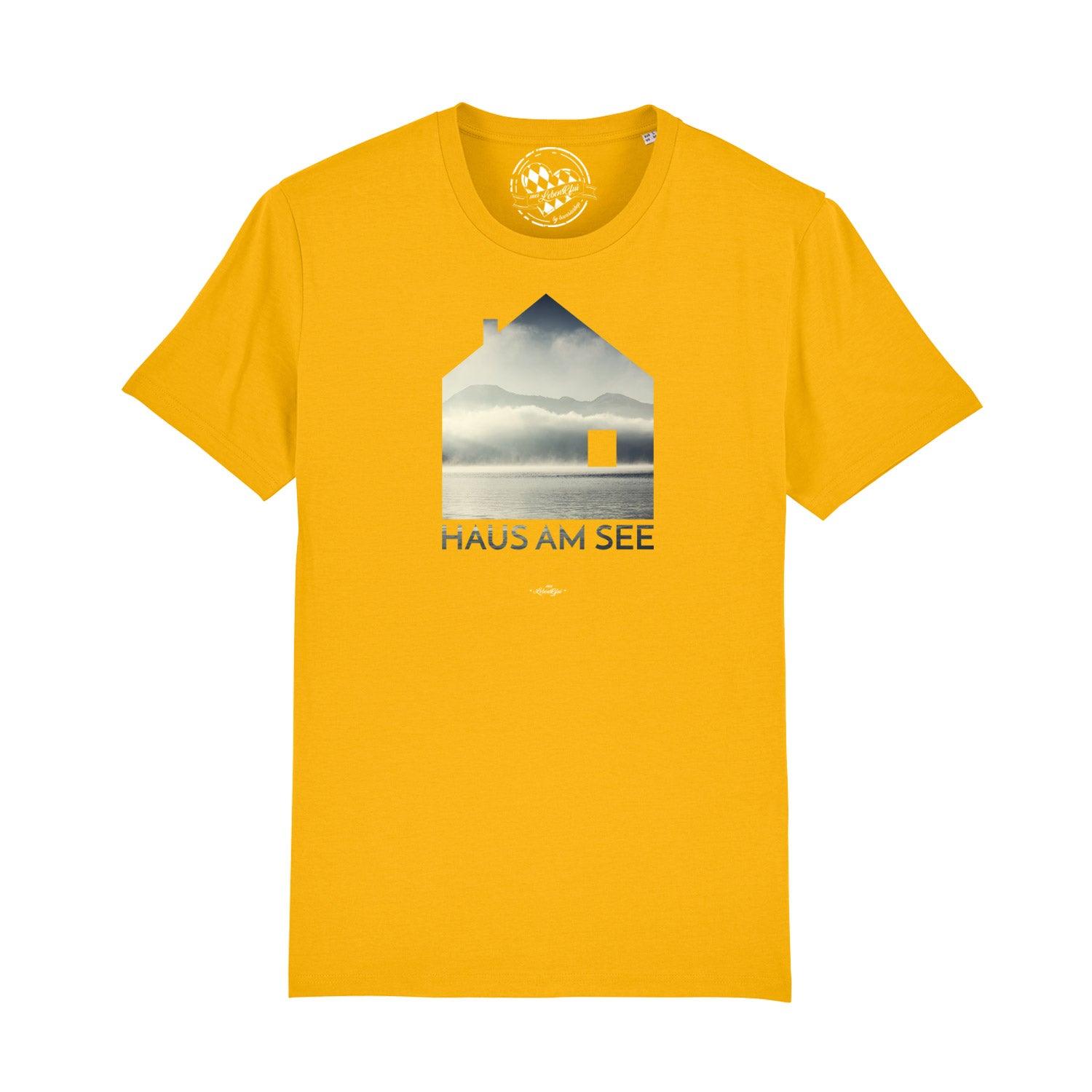 Graues Herren-T-Shirt mit Frontprint "Haus am See", Rundhals, aus 100 % Bio-Baumwolle, kurzärmelig.