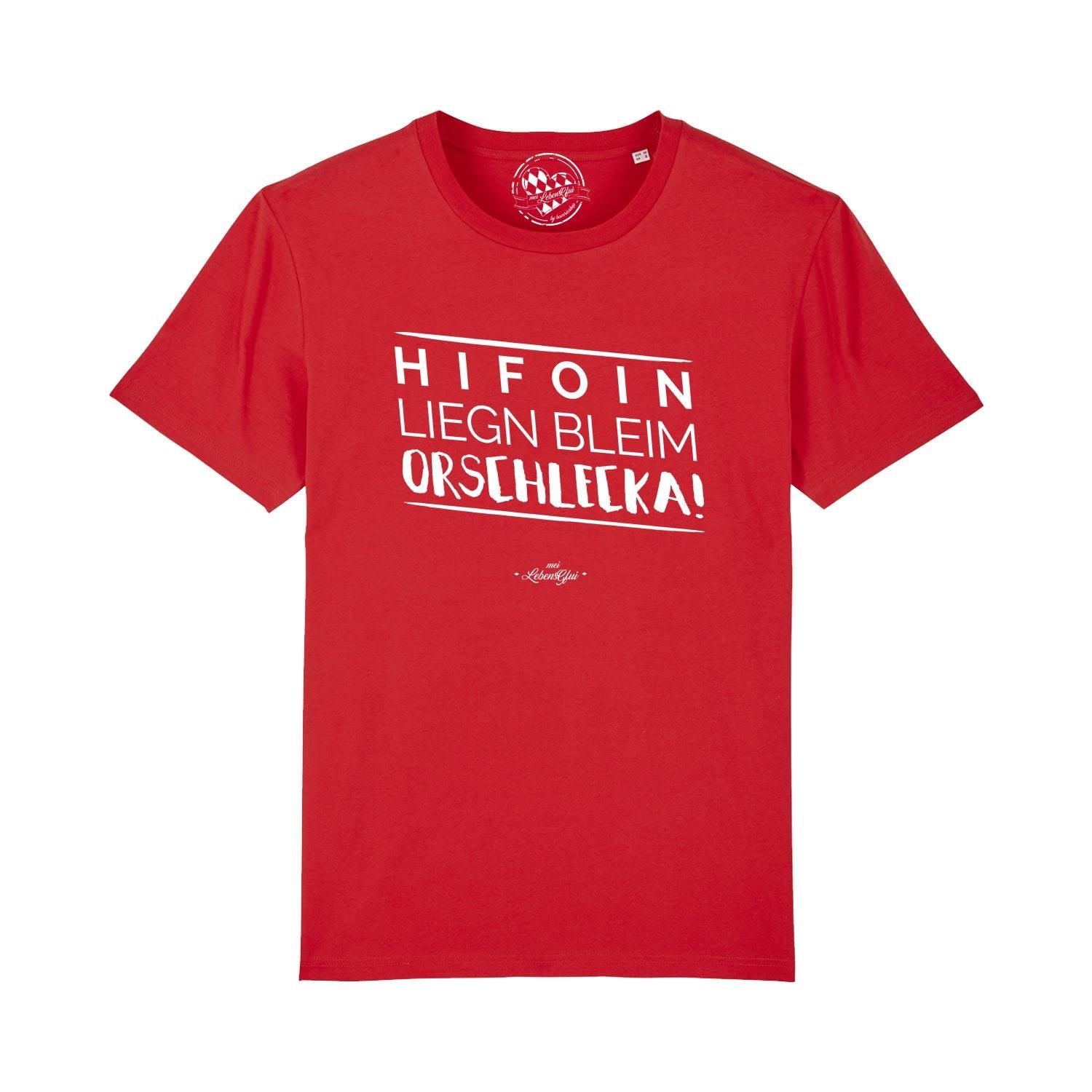 Herren T-Shirt mit bayerischem Mundart-Schriftzug „Hifoin liegn bleim...“, aus 100 % Bio-Baumwolle.
