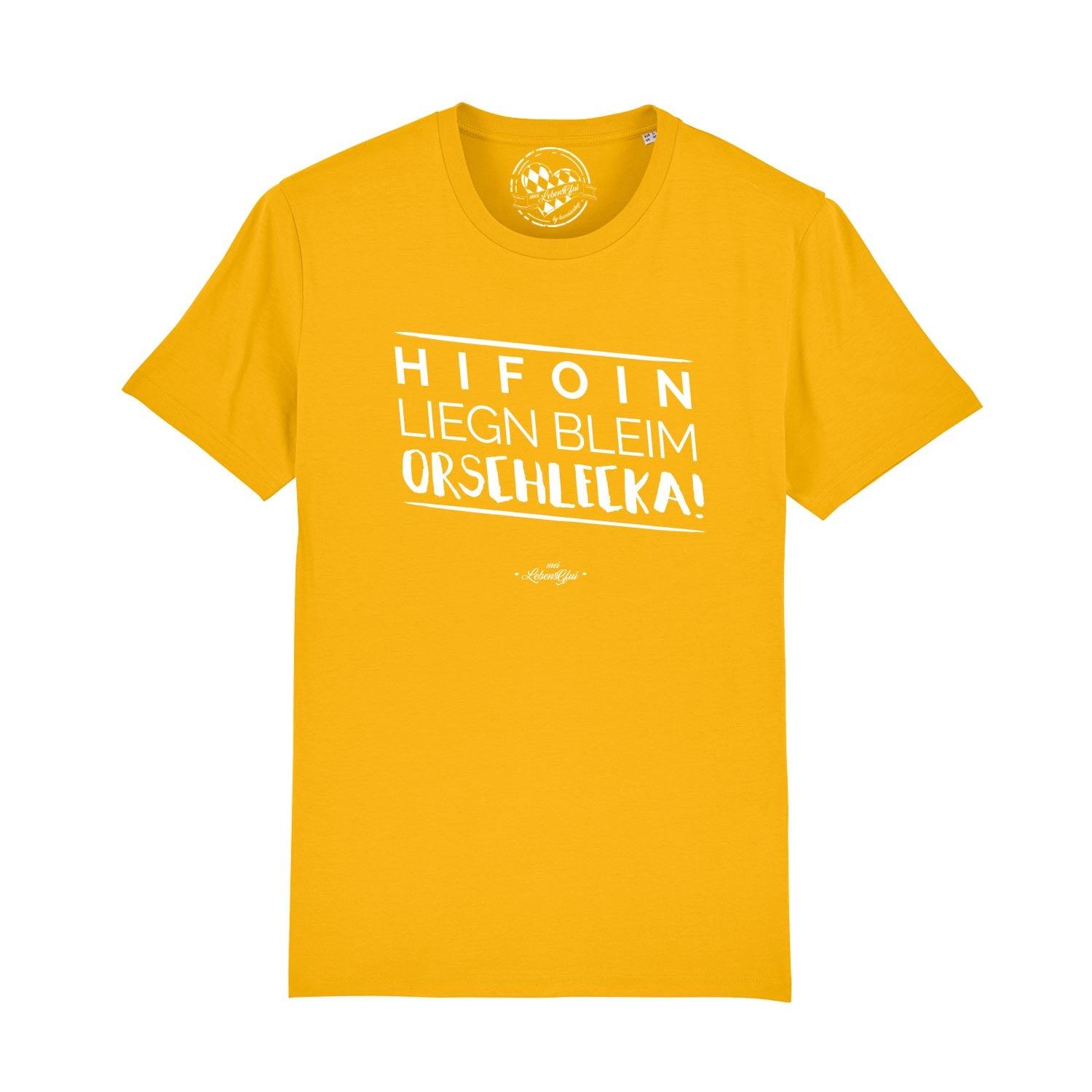 Herren T-Shirt mit bayerischem Mundart-Schriftzug „Hifoin liegn bleim...“, Rundhalsausschnitt, 100 % Bio-Baumwolle.