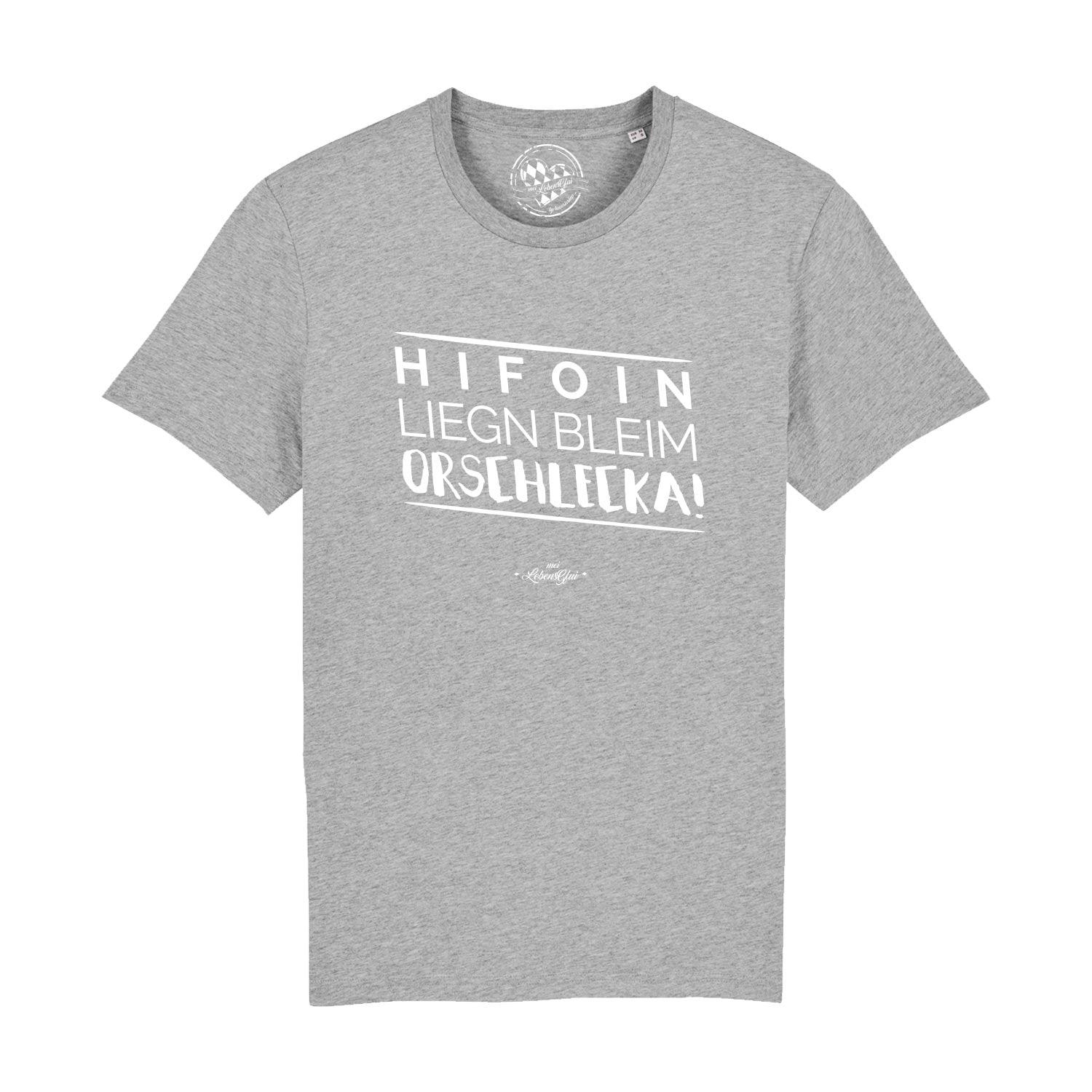 Herren T-Shirt mit Schriftzug „Hifoin liegn bleim…“ auf der Vorderseite, Rundhals, aus 100 % Bio-Baumwolle.