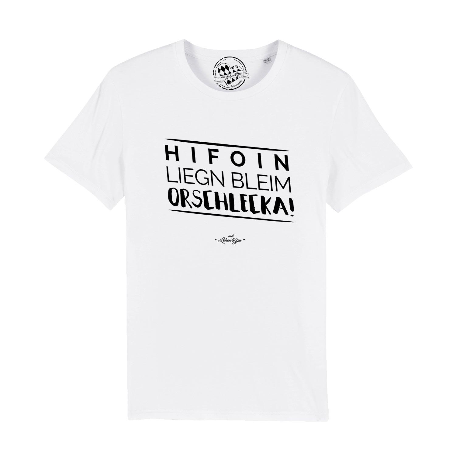 Herren T-Shirt mit bayerischem Mundart-Schriftzug „Hifoin liegn bleim...“, Rundhals, aus 100 % Bio-Baumwolle.
