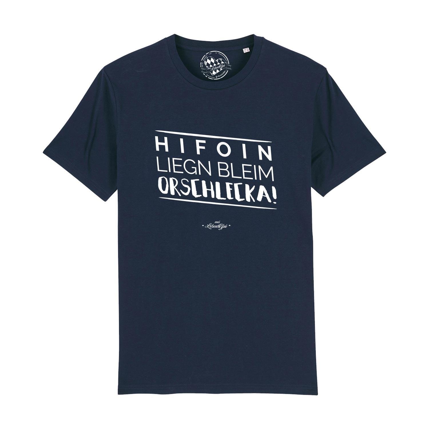 Herren T-Shirt mit Schriftzug „Hifoin liegn bleim...“, Rundhalsausschnitt, 100 % Bio-Baumwolle, digital bedruckt.