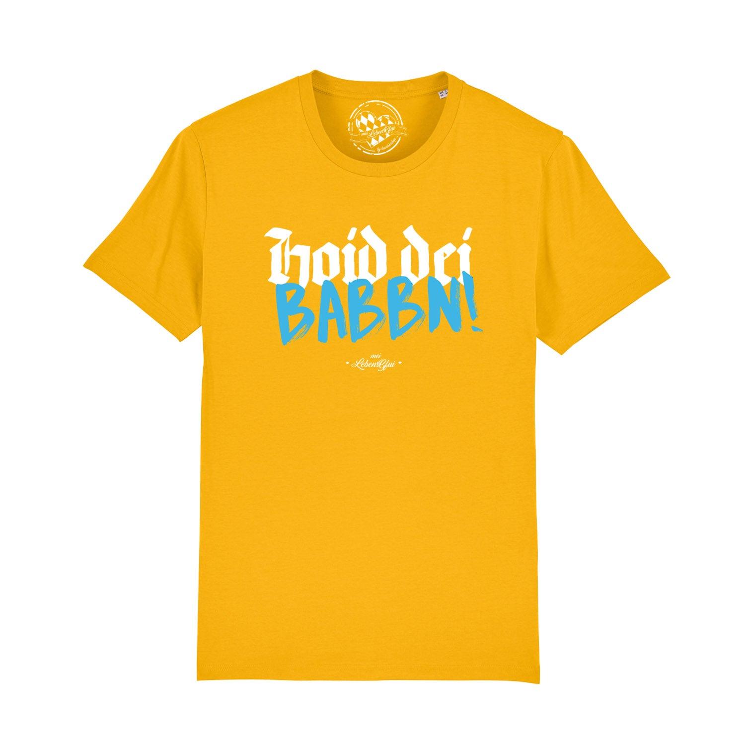 Schwarzes Herren-T-Shirt mit weißem Schriftzug „Hoid dei Babbn“, Rundhalsausschnitt, aus 100 % Bio-Baumwolle.