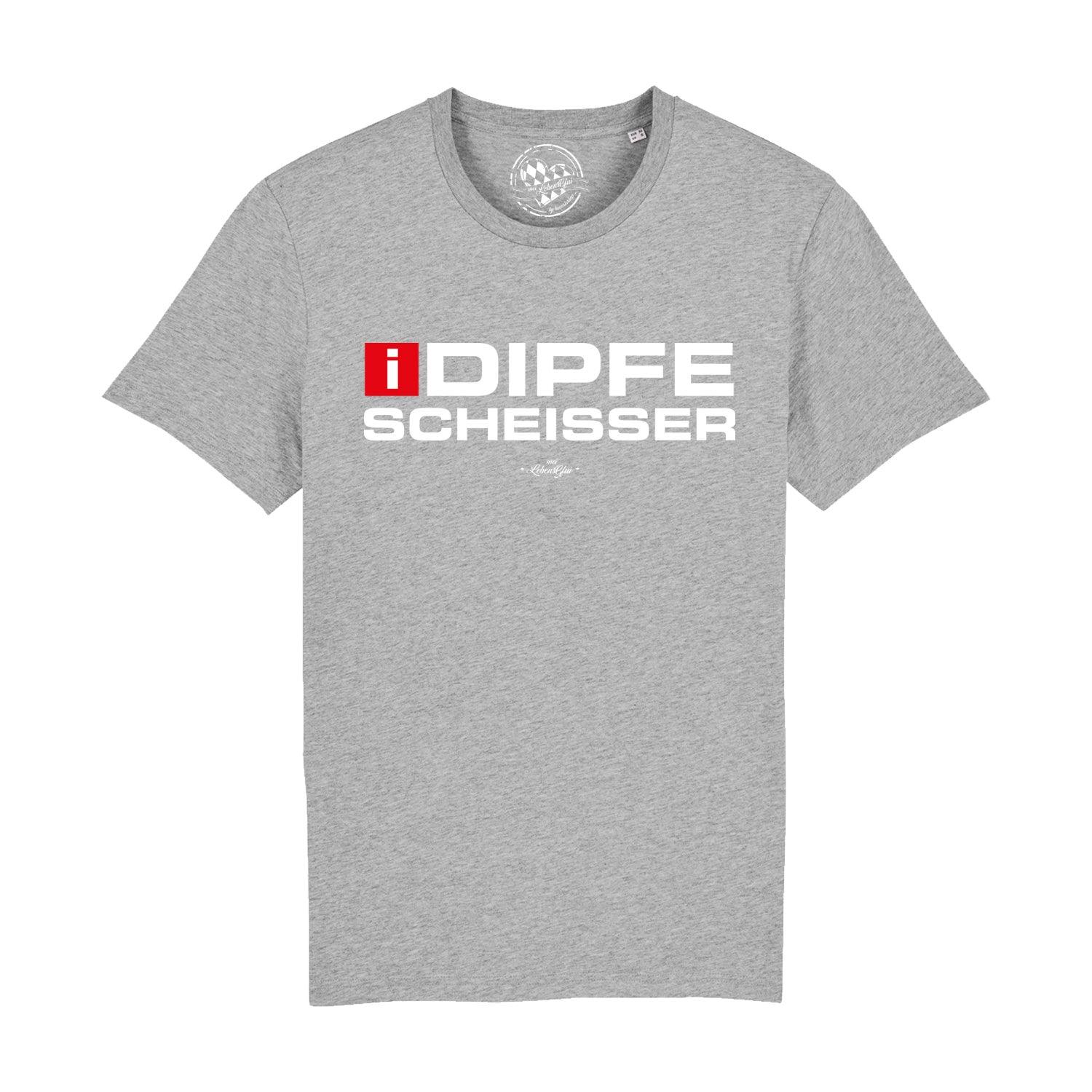 Schwarzes Herren-T-Shirt mit weißem Frontprint „I-Dipfescheißer“, Rundhals, 100 % Bio-Baumwolle, glatt gewebt.
