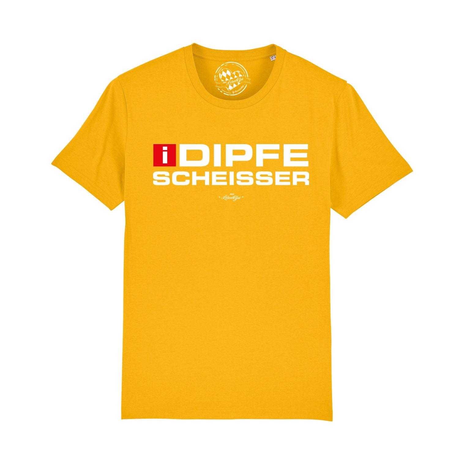 Schwarzes Herren-T-Shirt mit weißem Frontprint „I-Dipfescheißer“ in klarer Schrift, aus 100 % Bio-Baumwolle.