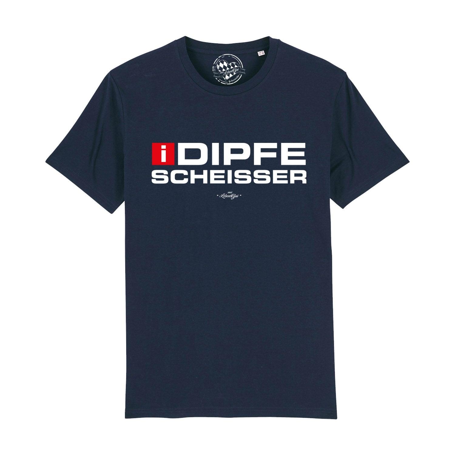 Schwarzes Herren-T-Shirt mit weißem Frontprint „I-Dipfescheißer“, Rundhalsausschnitt, 100 % Bio-Baumwolle.