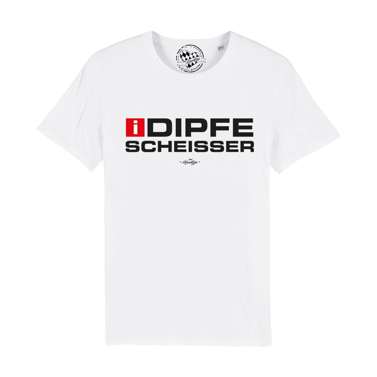 Schwarzes Herren-T-Shirt mit weißem Aufdruck „I-Dipfescheißer“, Rundhalsausschnitt, 100 % Bio-Baumwolle.