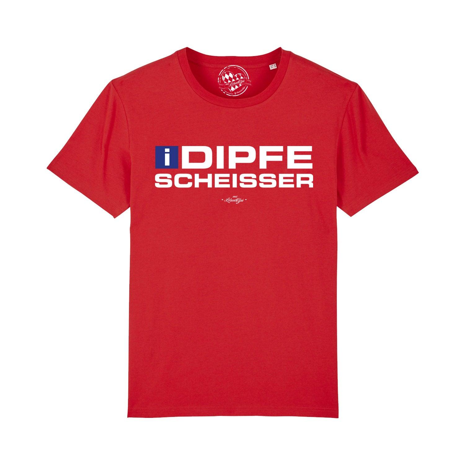 Schwarzes Herren-T-Shirt mit weißem Frontprint „I-Dipfescheißer“, Rundhals, aus 100 % Bio-Baumwolle.