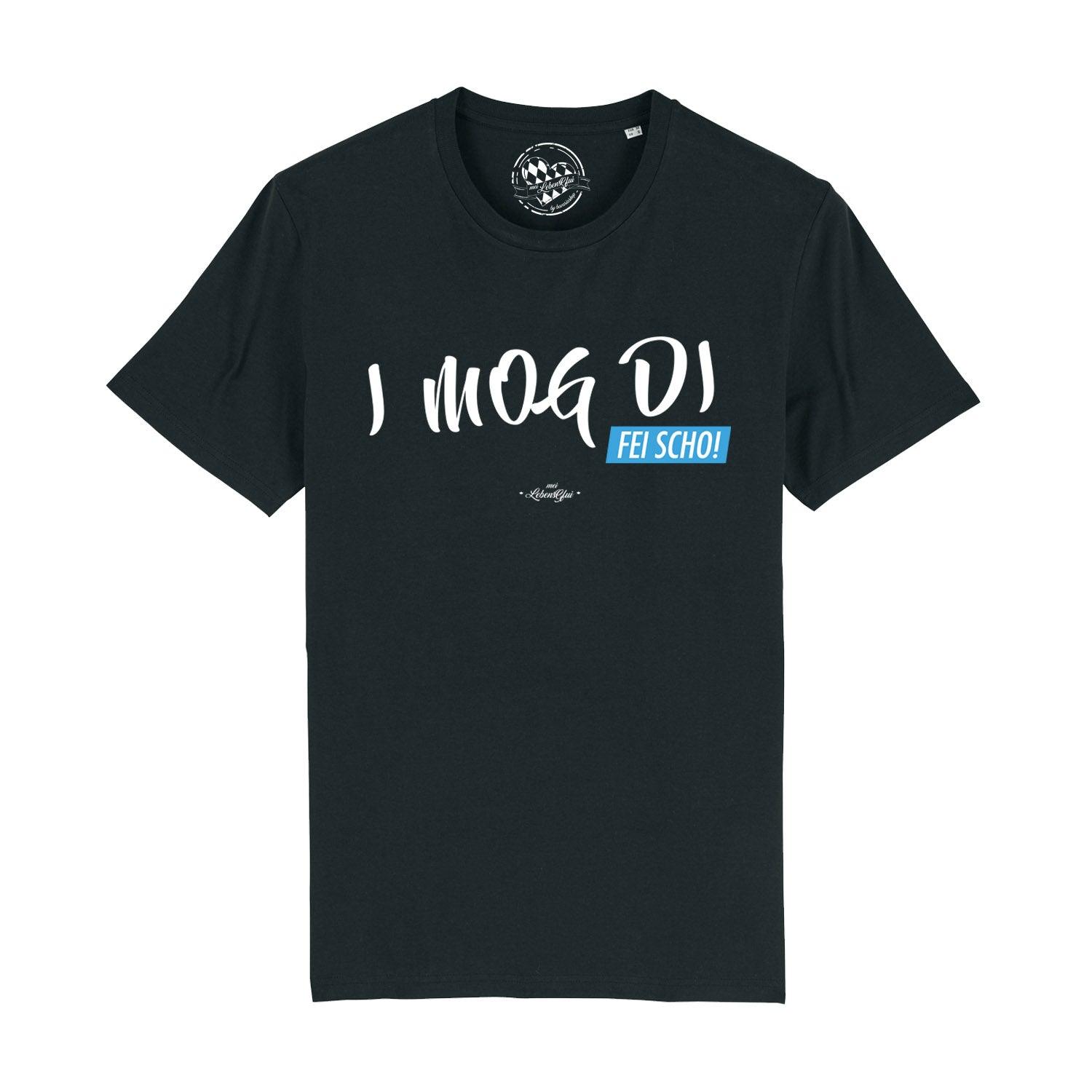 Kurzes Herren T-Shirt in Dunkelblau mit weißem Schriftzug „I MOG DI, fei scho“ aus 100 % Bio-Baumwolle.